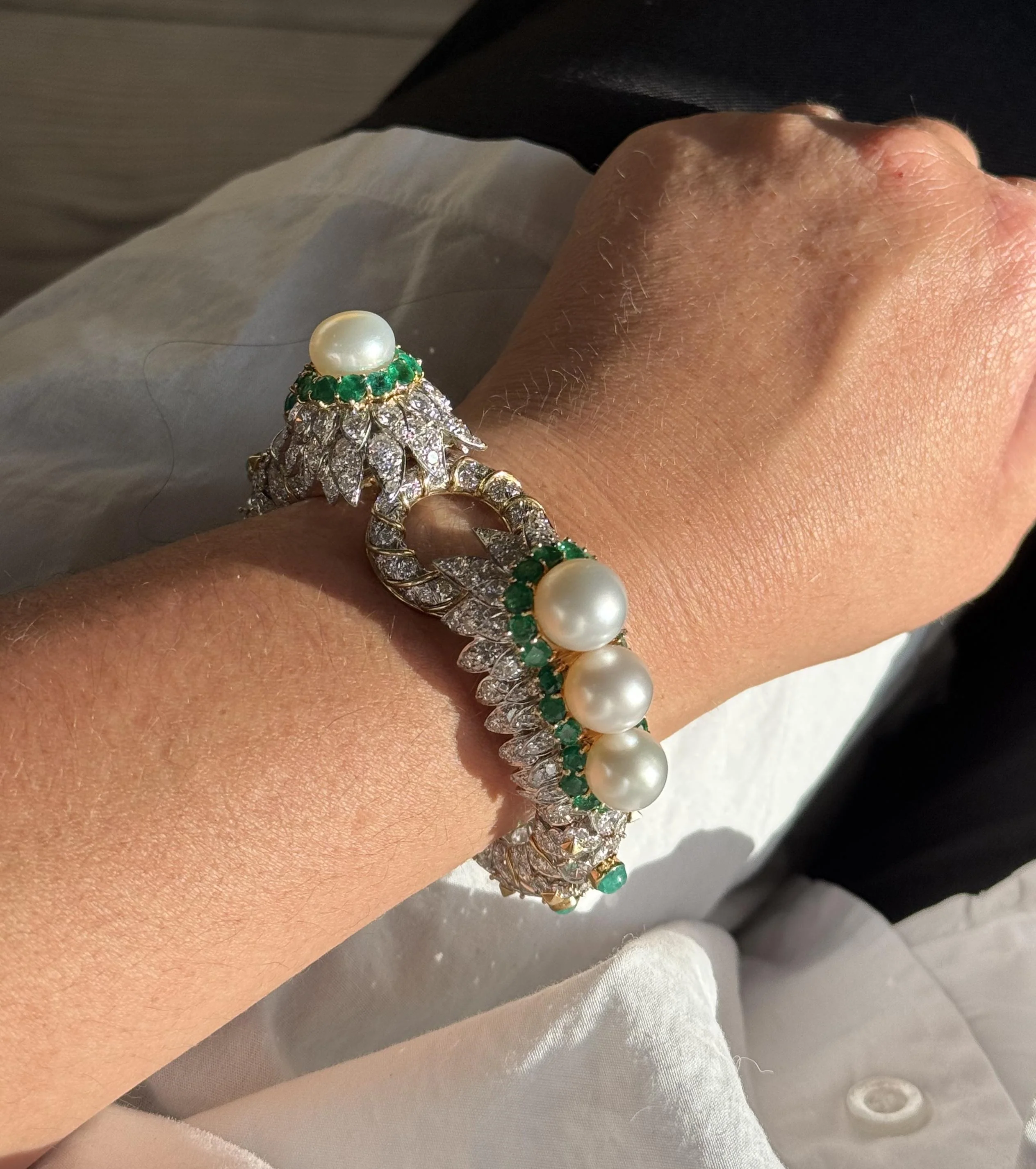 David Webb 27 Carat Diamond Emerald Pearl Gold Platinum Bracelet