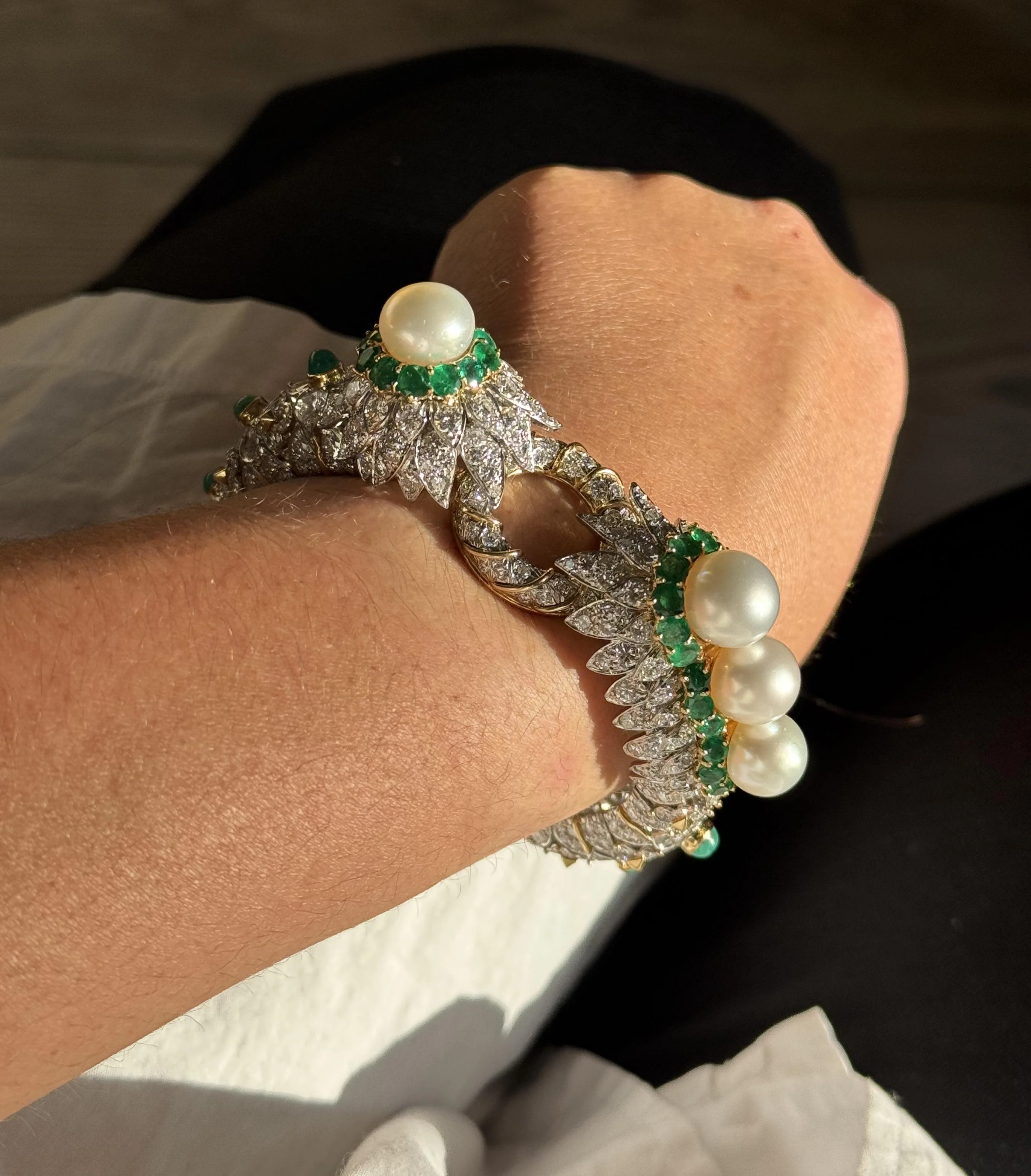 David Webb 27 Carat Diamond Emerald Pearl Gold Platinum Bracelet