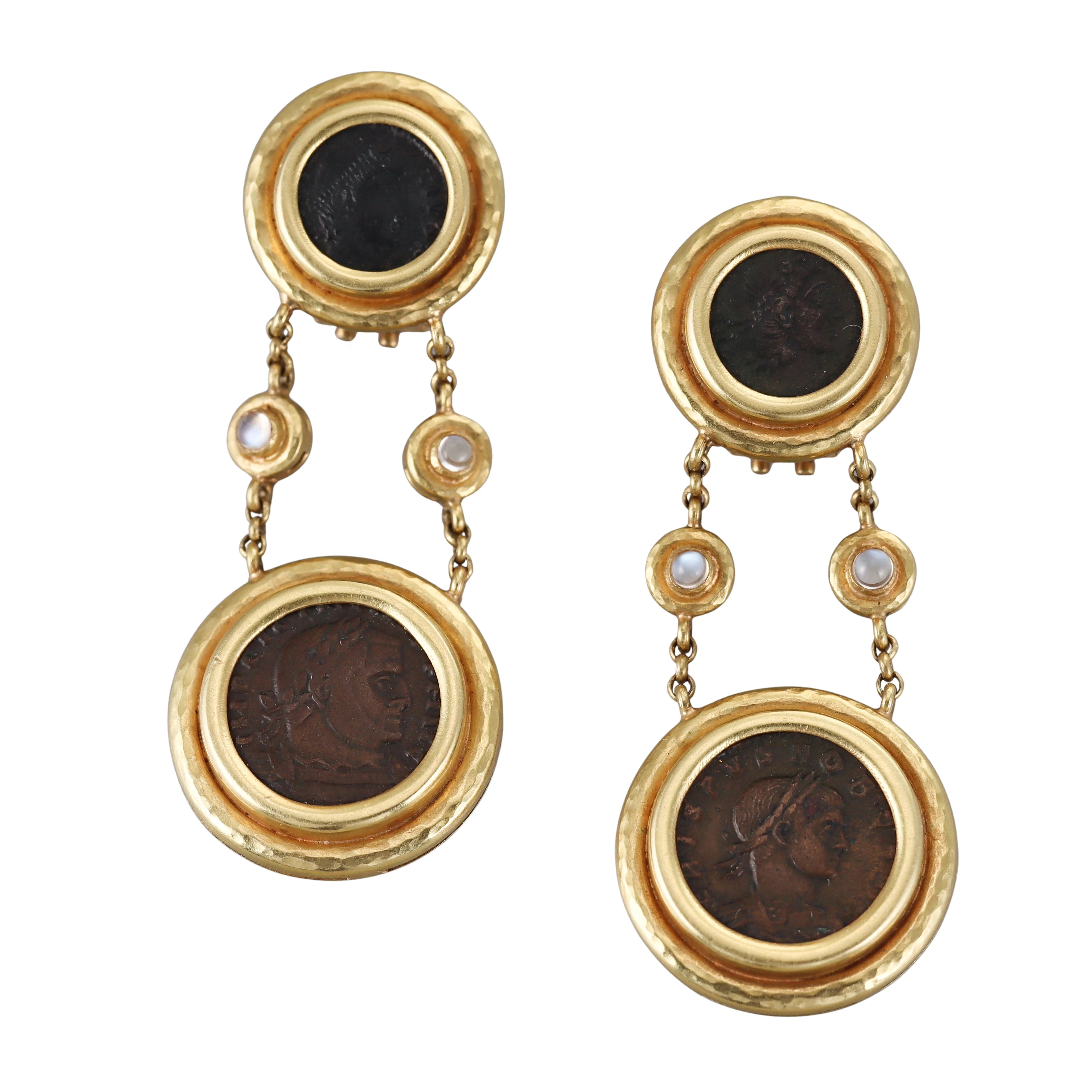 Elizabeth Locke Ancient Coin Moonstone Gold Drop Earrings
