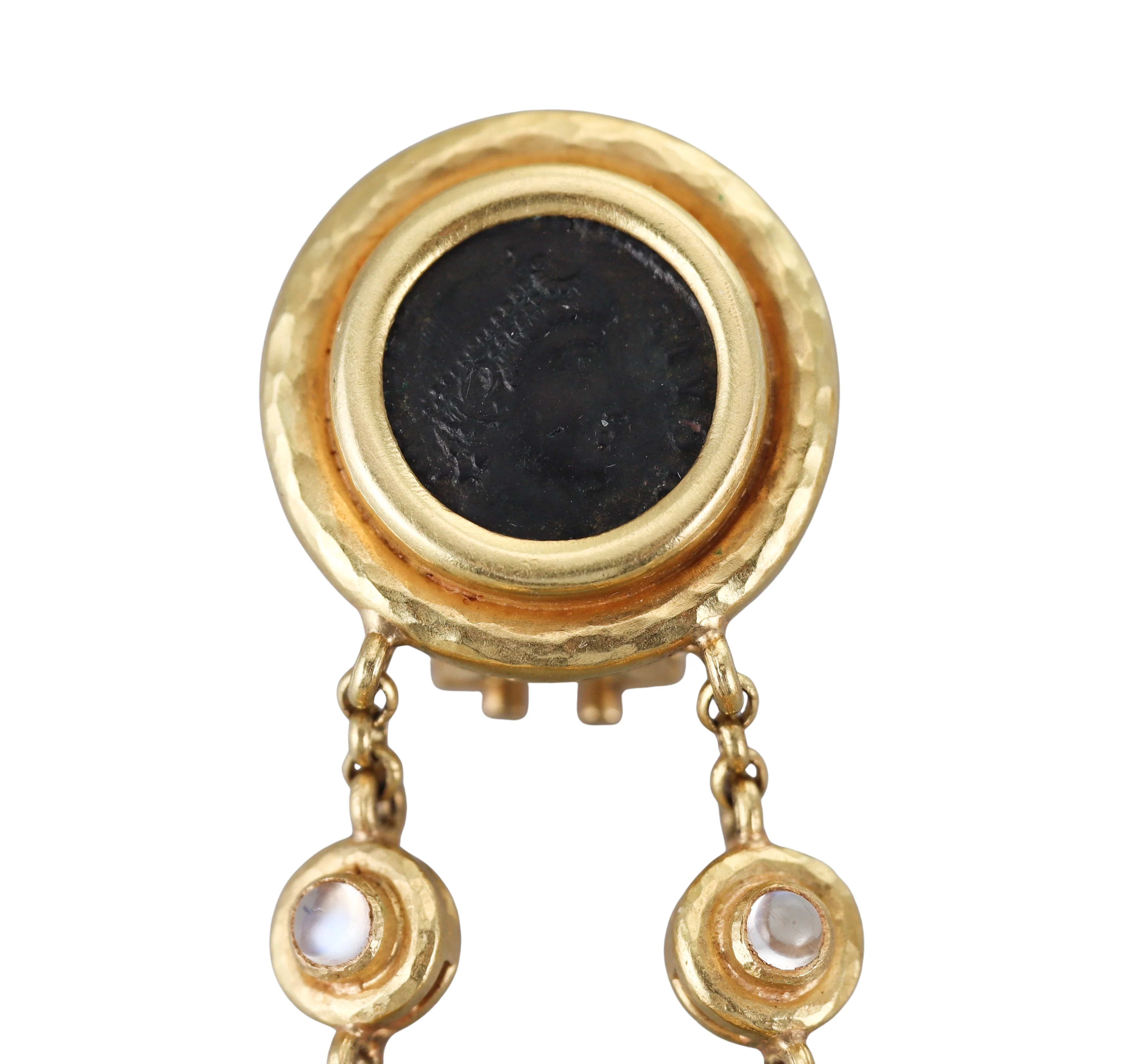 Elizabeth Locke Ancient Coin Moonstone Gold Drop Earrings