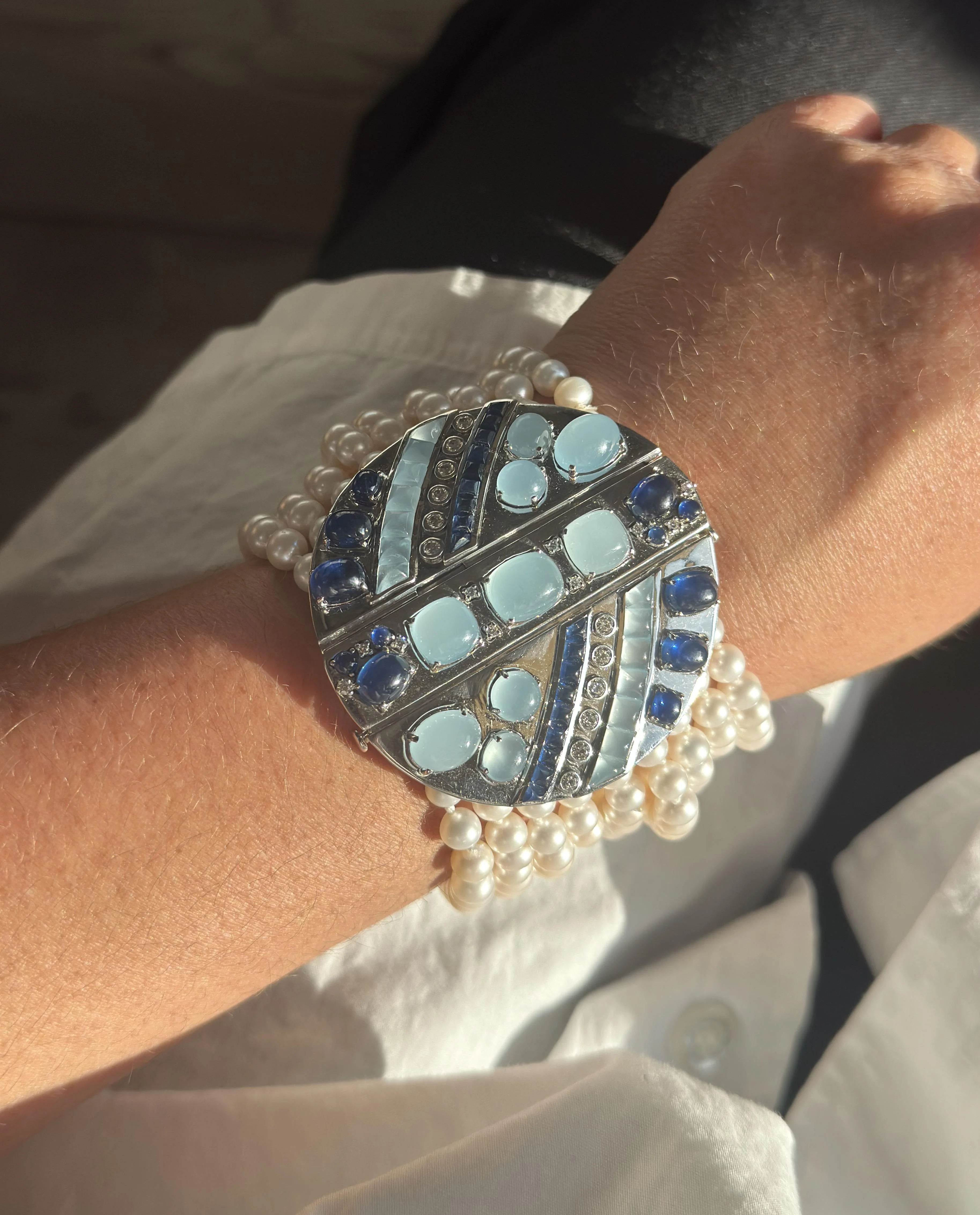 Seaman Schepps Sapphire Aquamarine Diamond Pearl Gold Bracelet