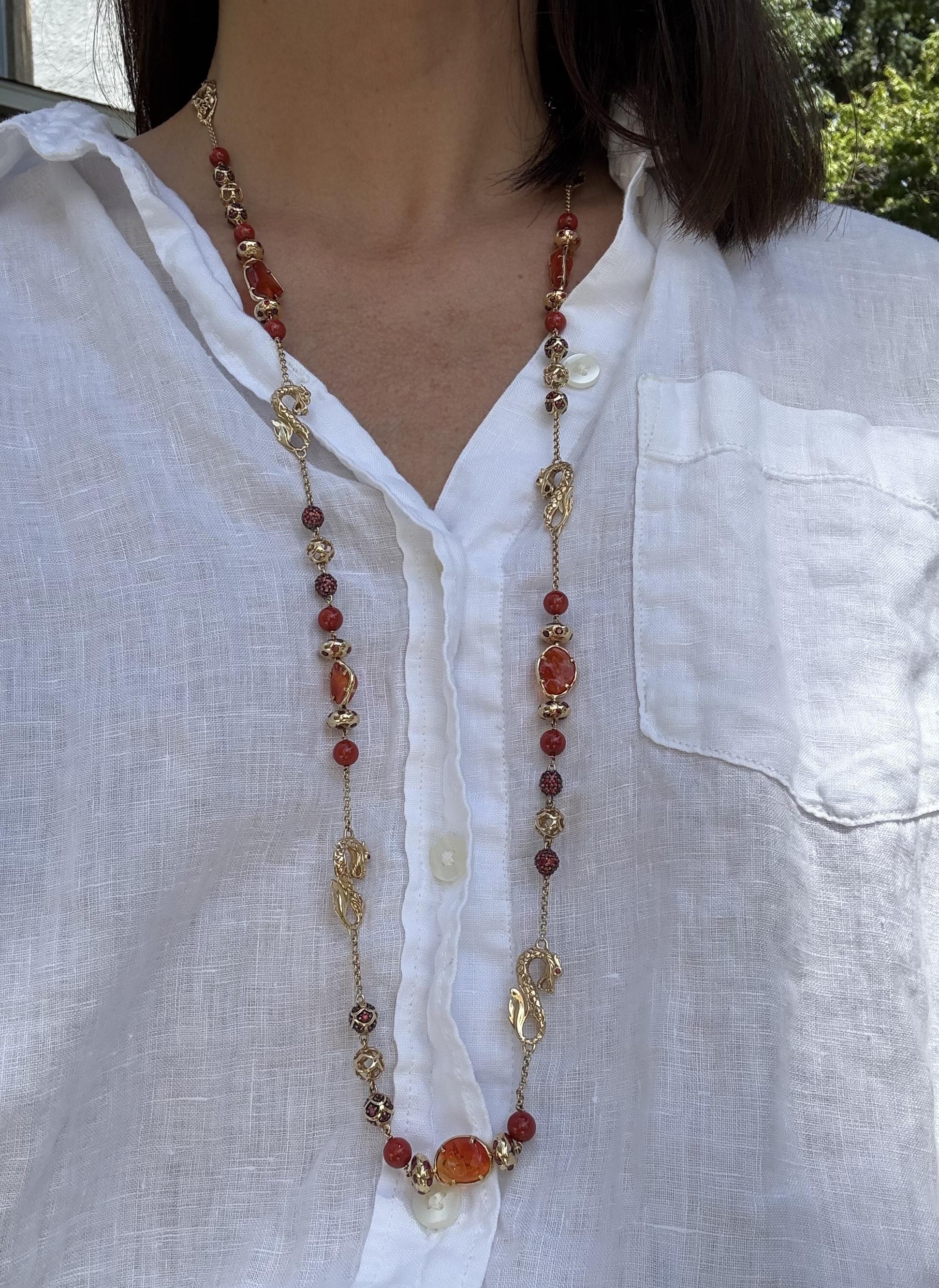 John Hardy Naga Fire Opal Orange Sapphire Coral Gold Long Necklace