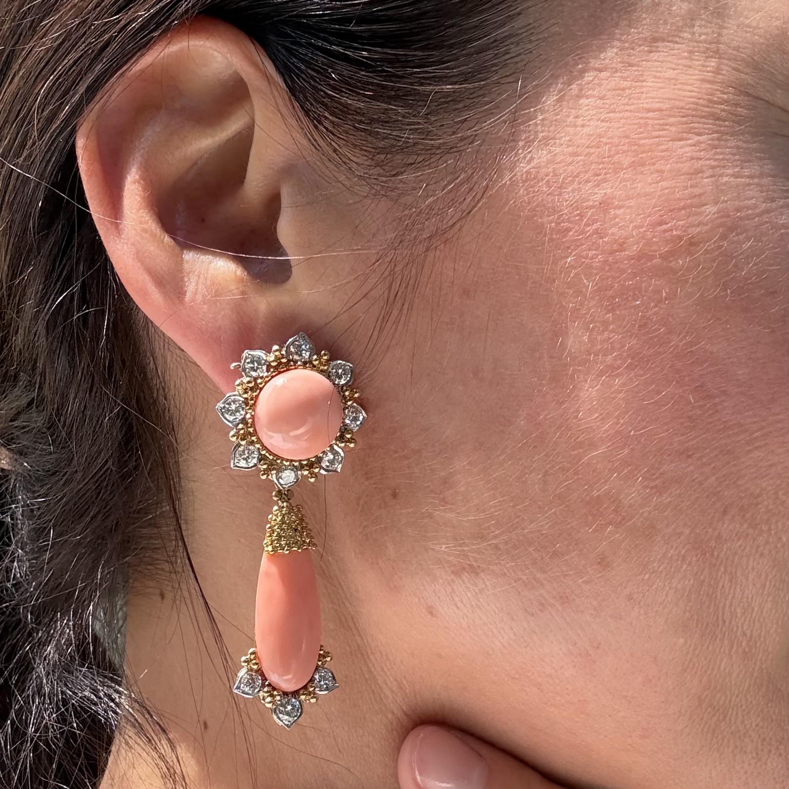 Vintage Coral Diamond Gold Night  Day Cocktail Earrings