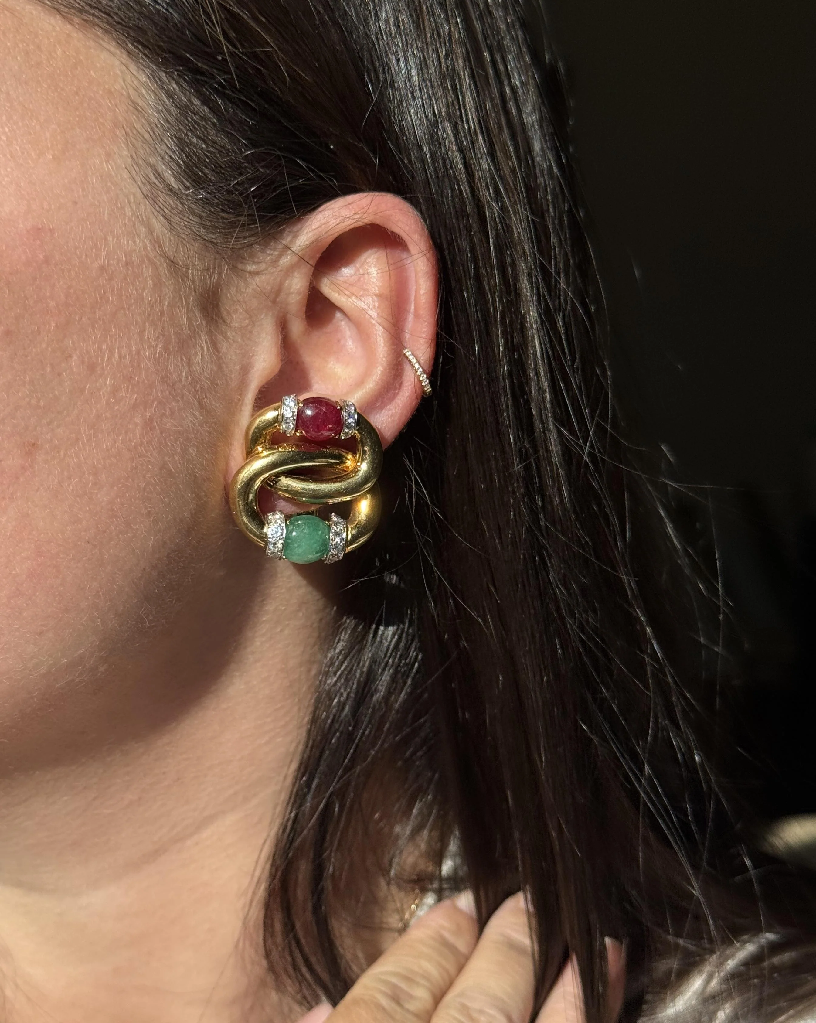 David Webb Emerald Ruby Diamond Gold Platinum Earrings