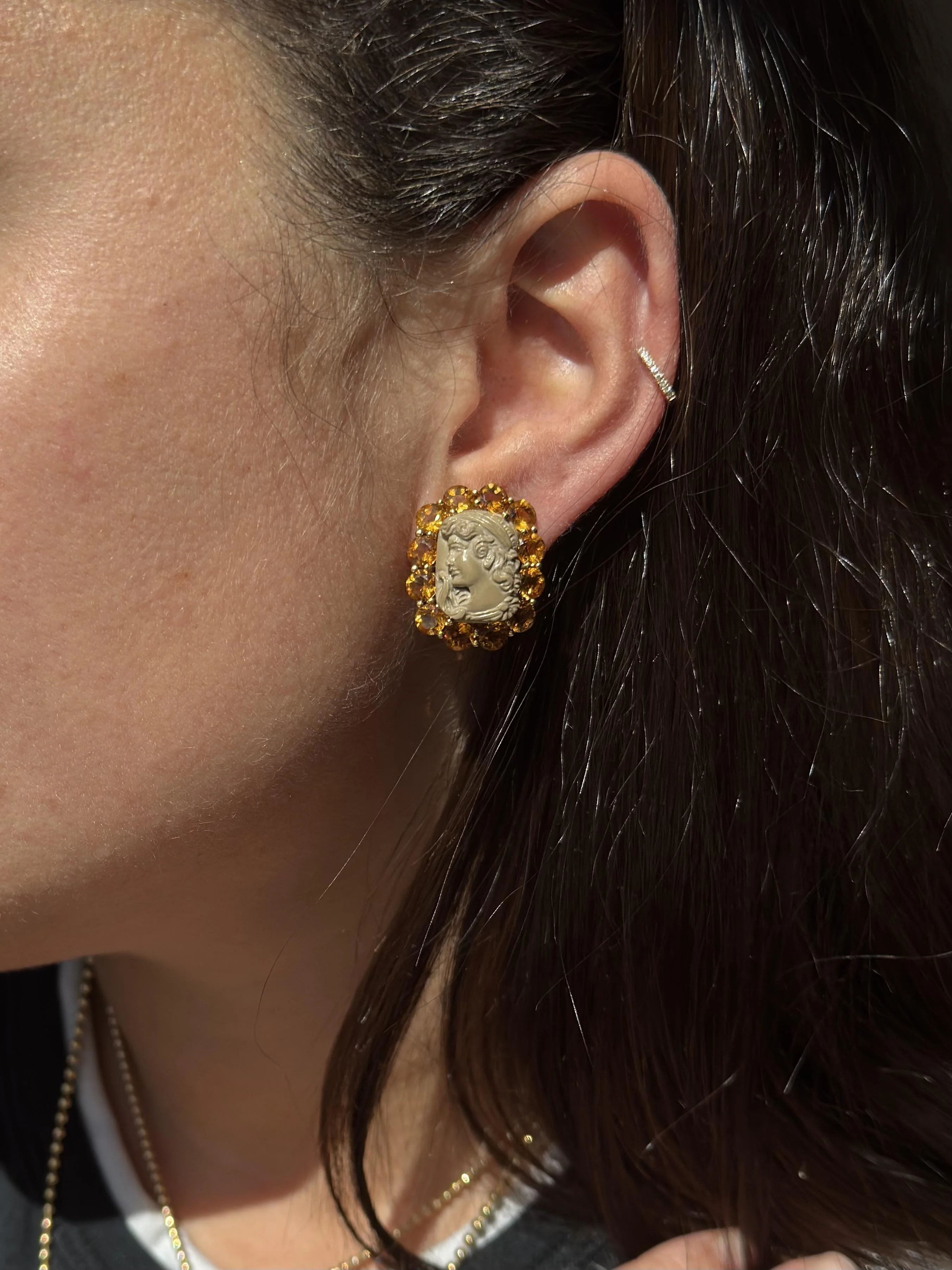 Seaman Schepps Lava Cameo Citrine Gold Earrings