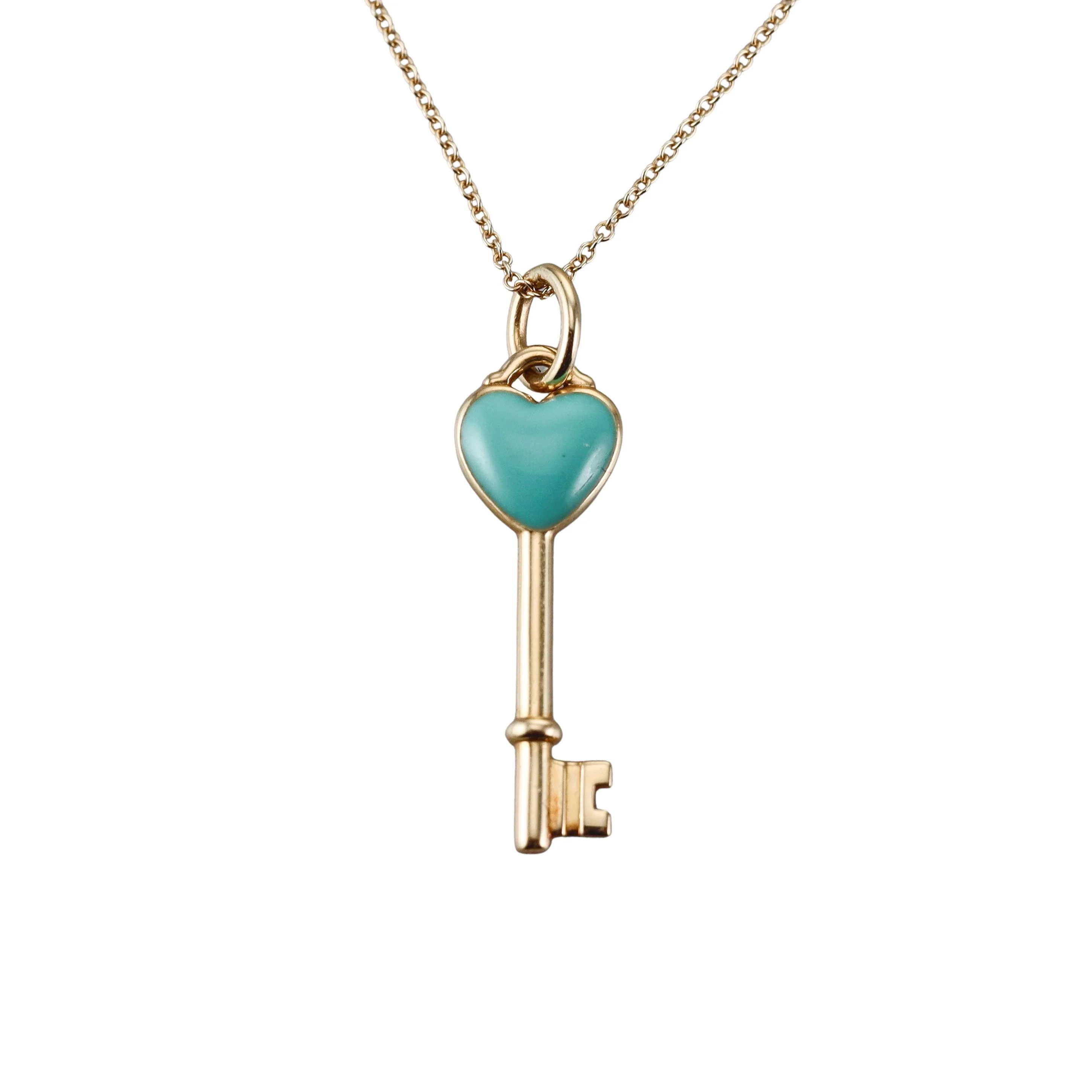 Tiffany  Co Blue Enamel Heart Key Gold Pendant Necklace