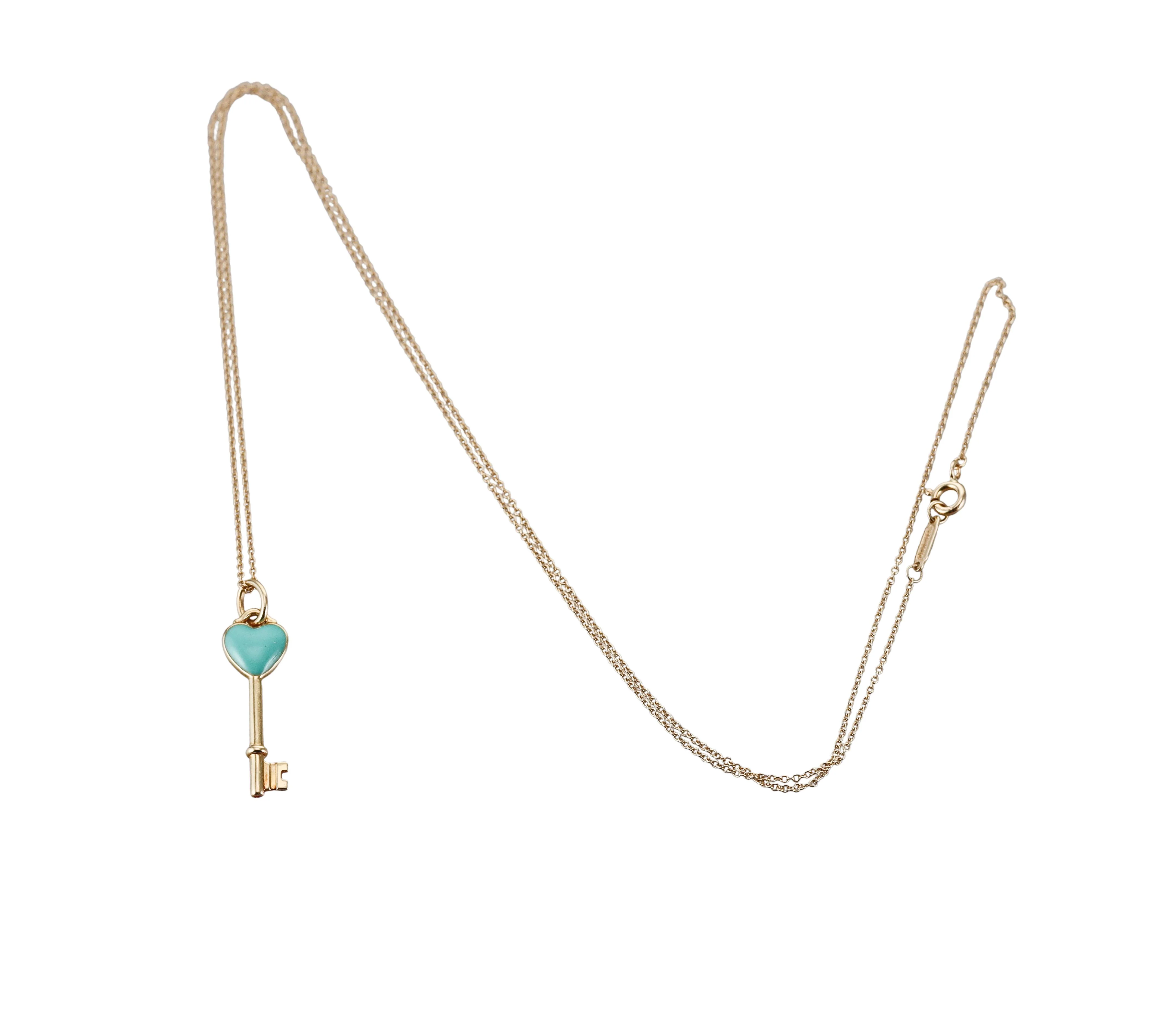 Tiffany Co Blue Enamel Heart Key Gold Pendant Necklace
