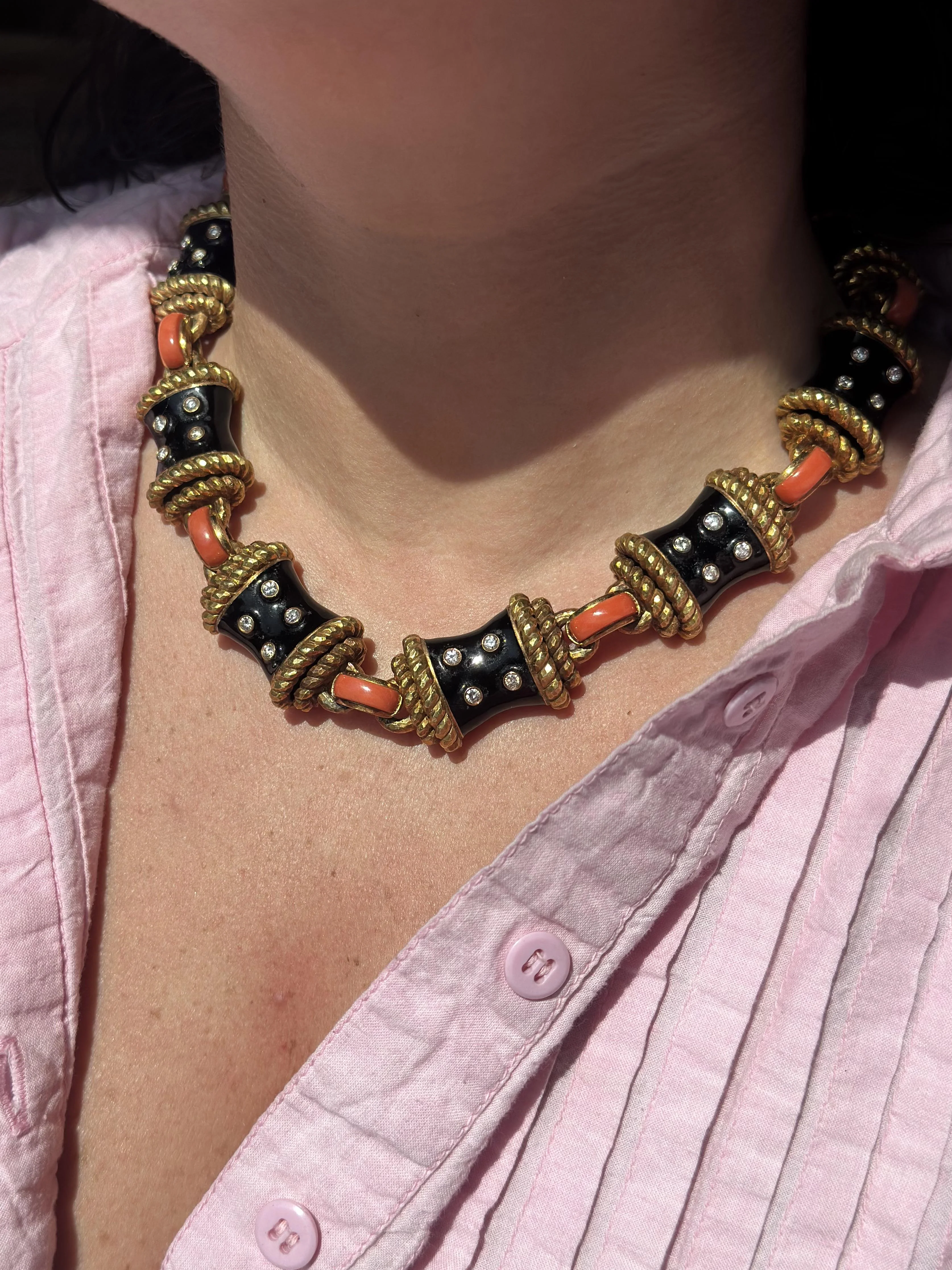 David Webb Diamond Enamel Coral Gold Link Necklace