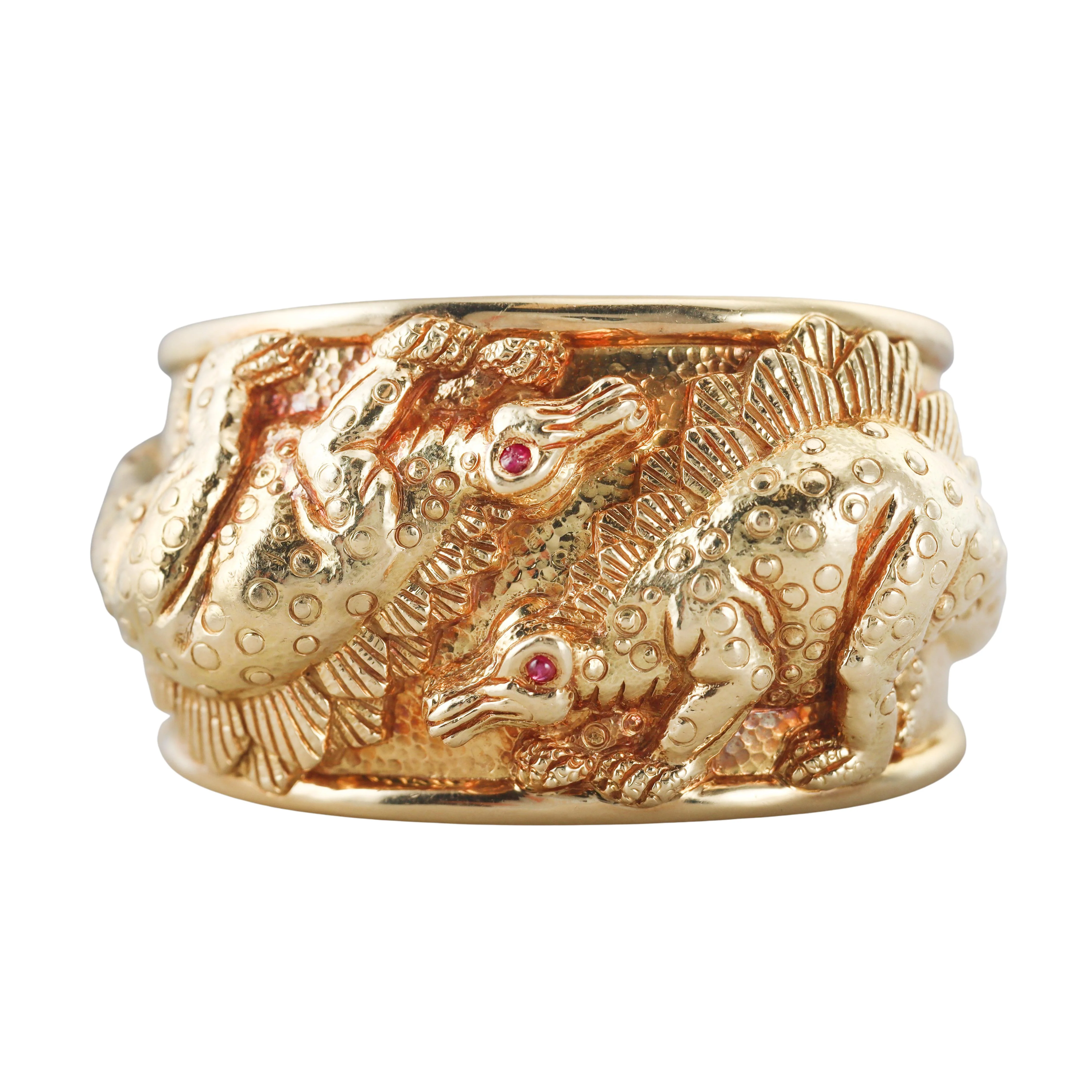 David Webb Repousse Ruby Gold Stegosaurus Repousse Cuff Bracelet
