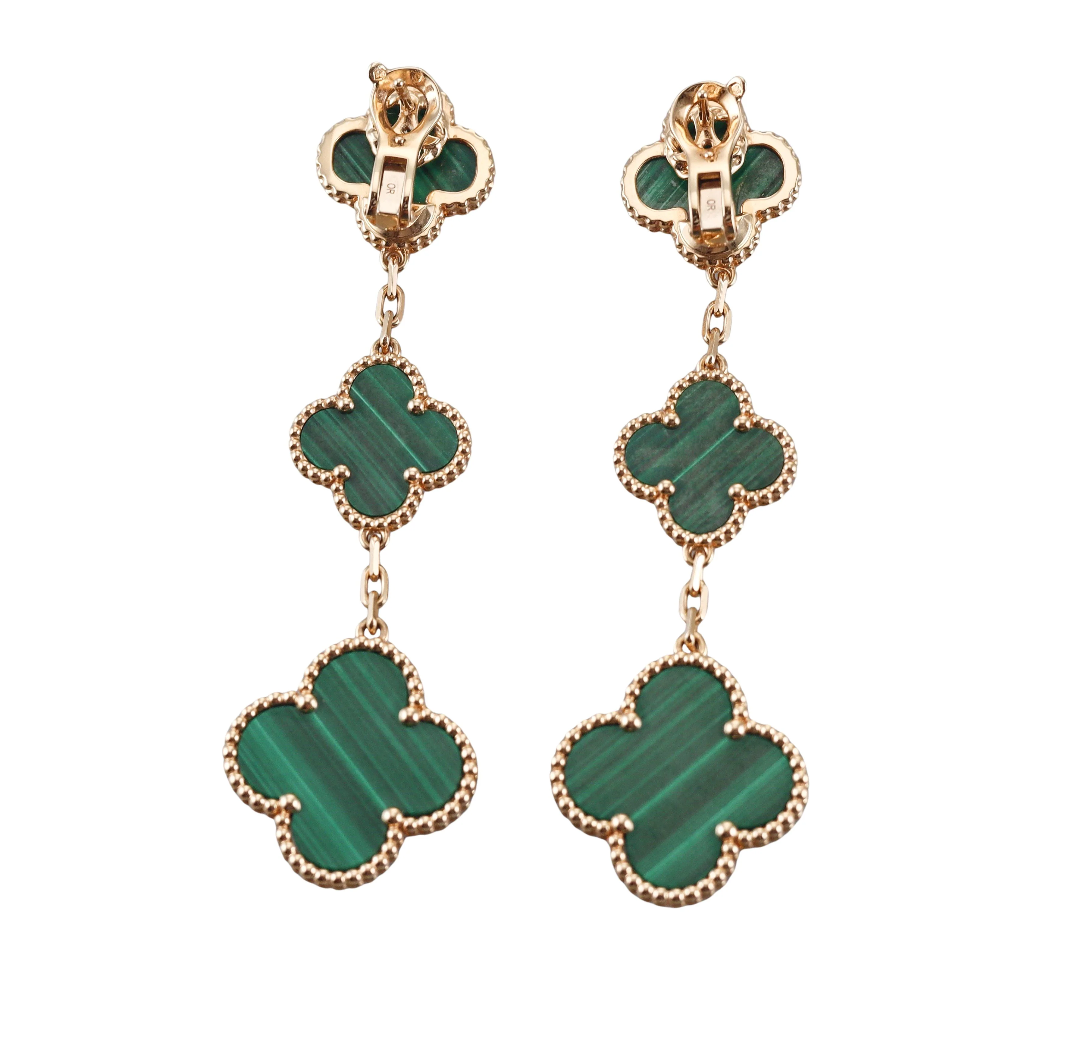 Van Cleef Arpels Magic Alhambra 3 Motifs Malachite Gold Earrings