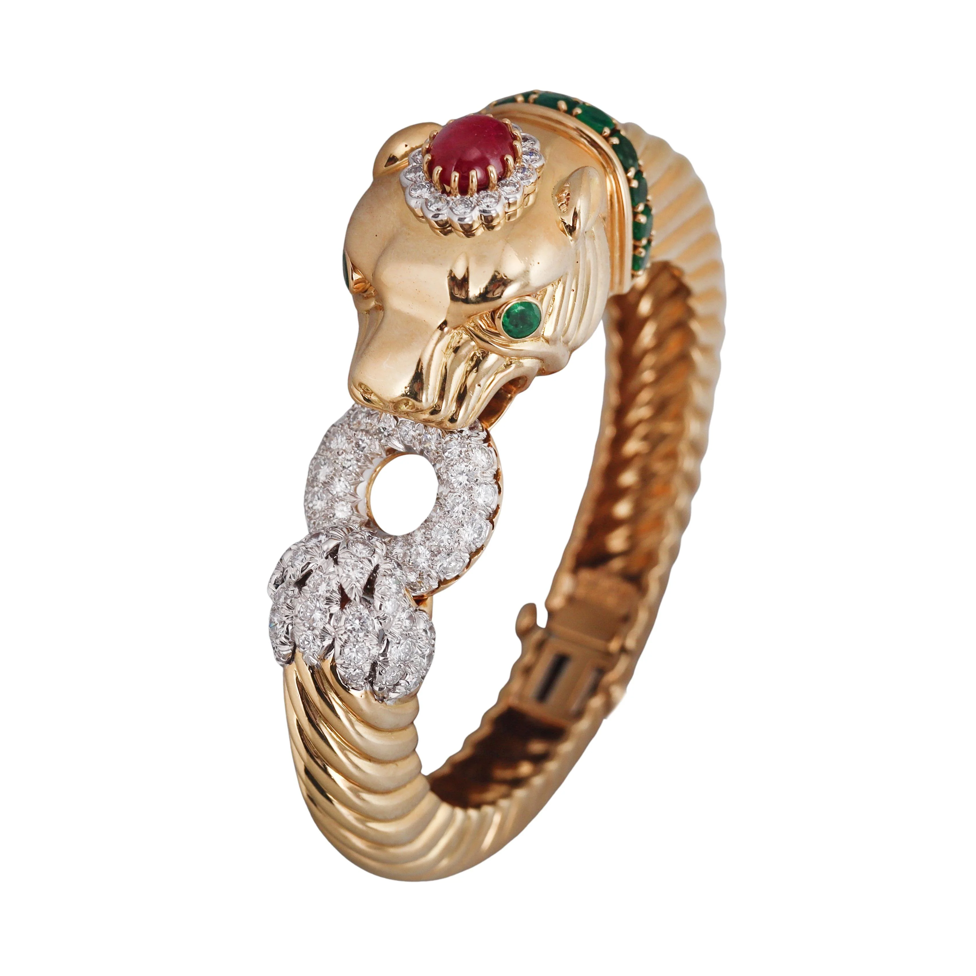 David Webb Diamond Emerald Ruby Gold Platinum Panther Bracelet