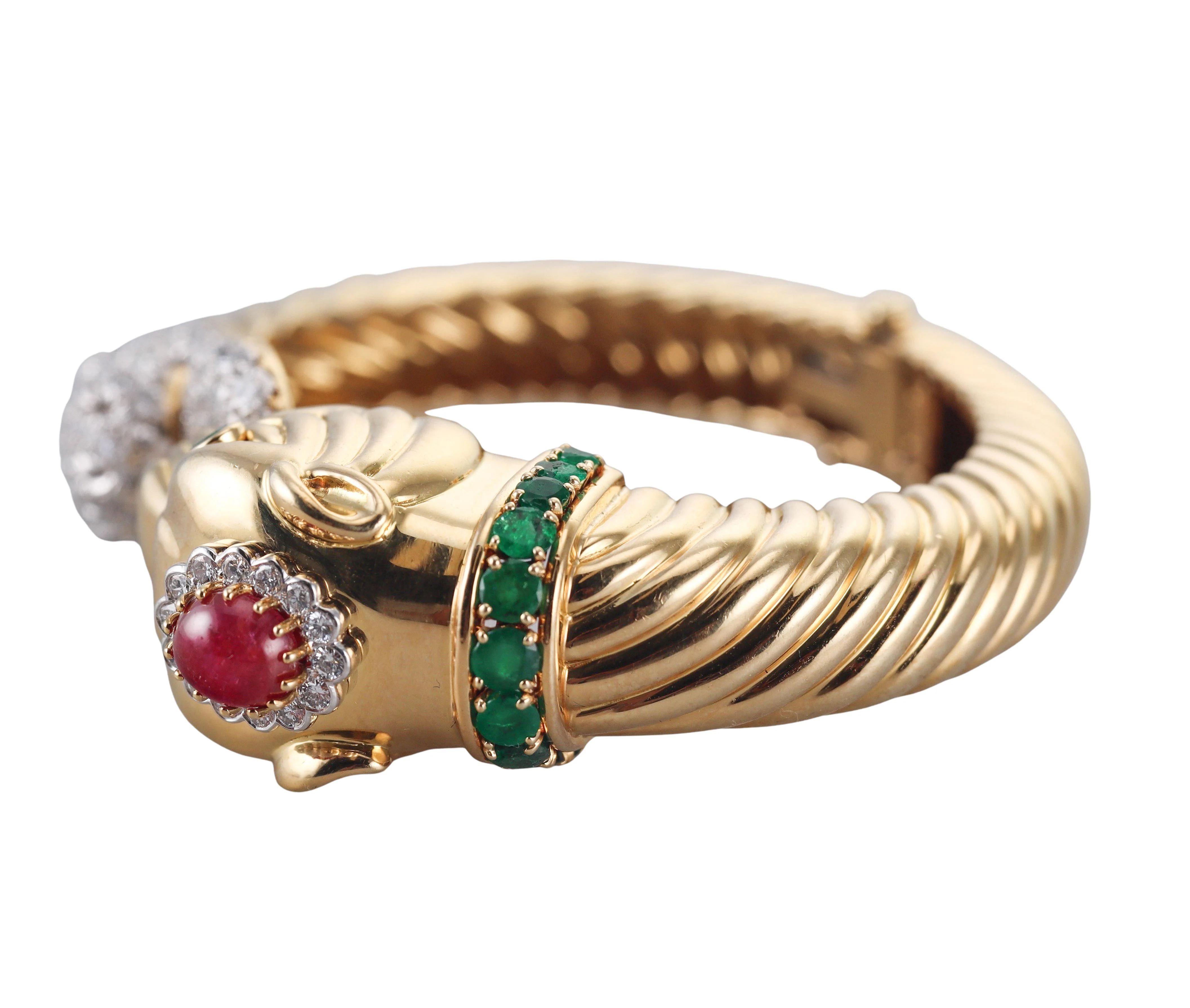 David Webb Diamond Emerald Ruby Gold Platinum Panther Bracelet