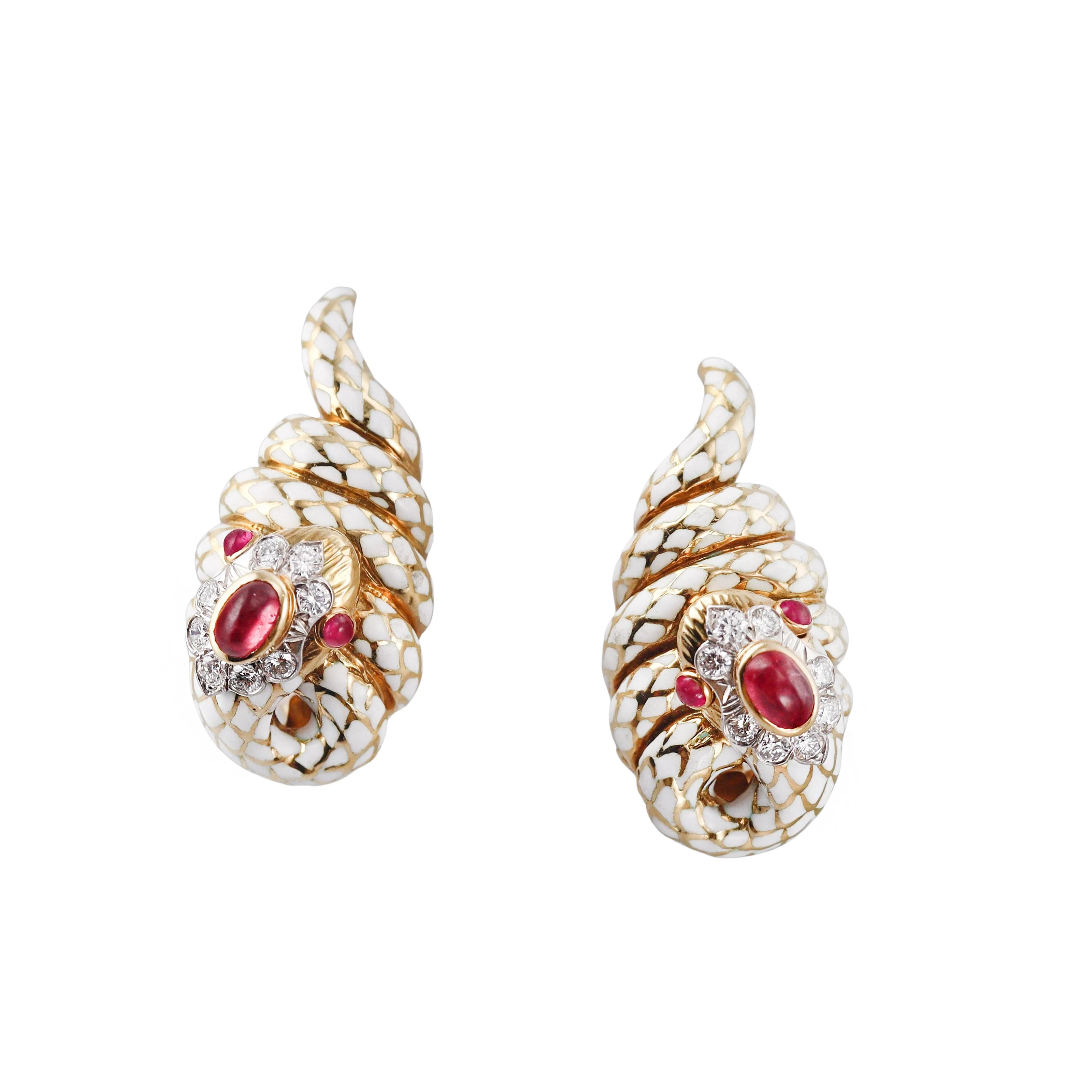 David Webb Coiled Snake Enamel Diamond Ruby Gold Platinum Earrings
