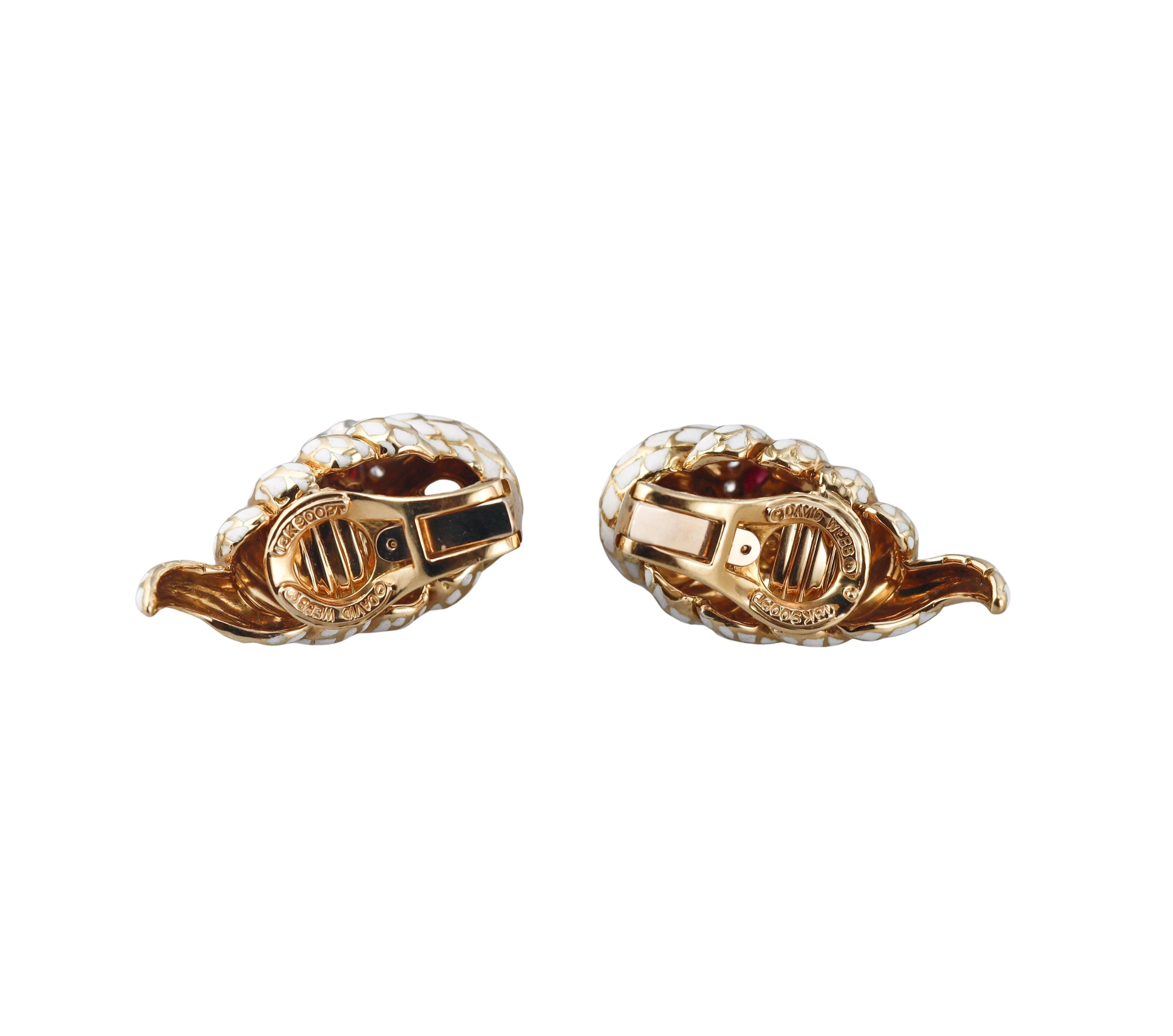David Webb Coiled Snake Enamel Diamond Ruby Gold Platinum Earrings