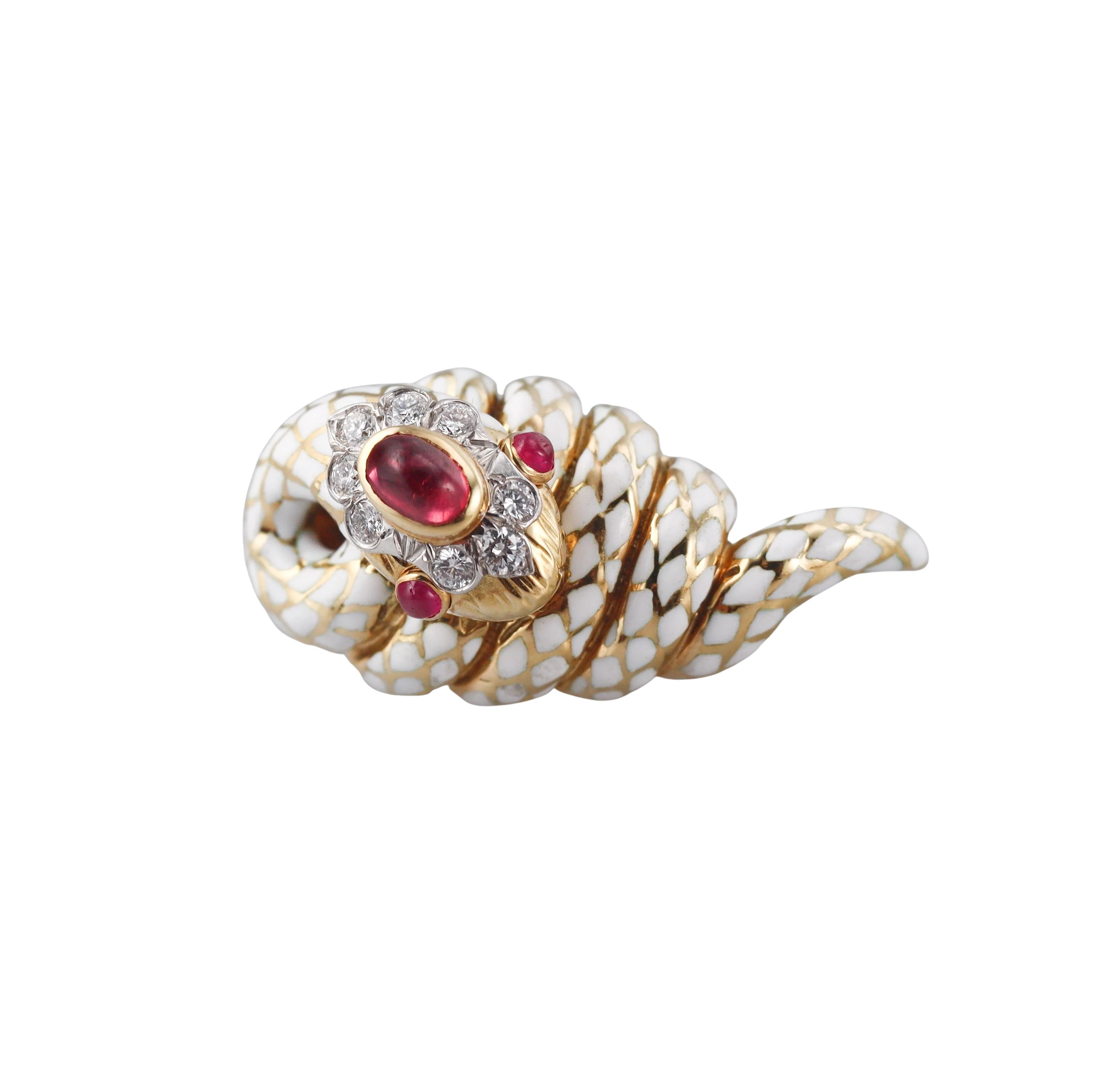 David Webb Coiled Snake Enamel Diamond Ruby Gold Platinum Earrings