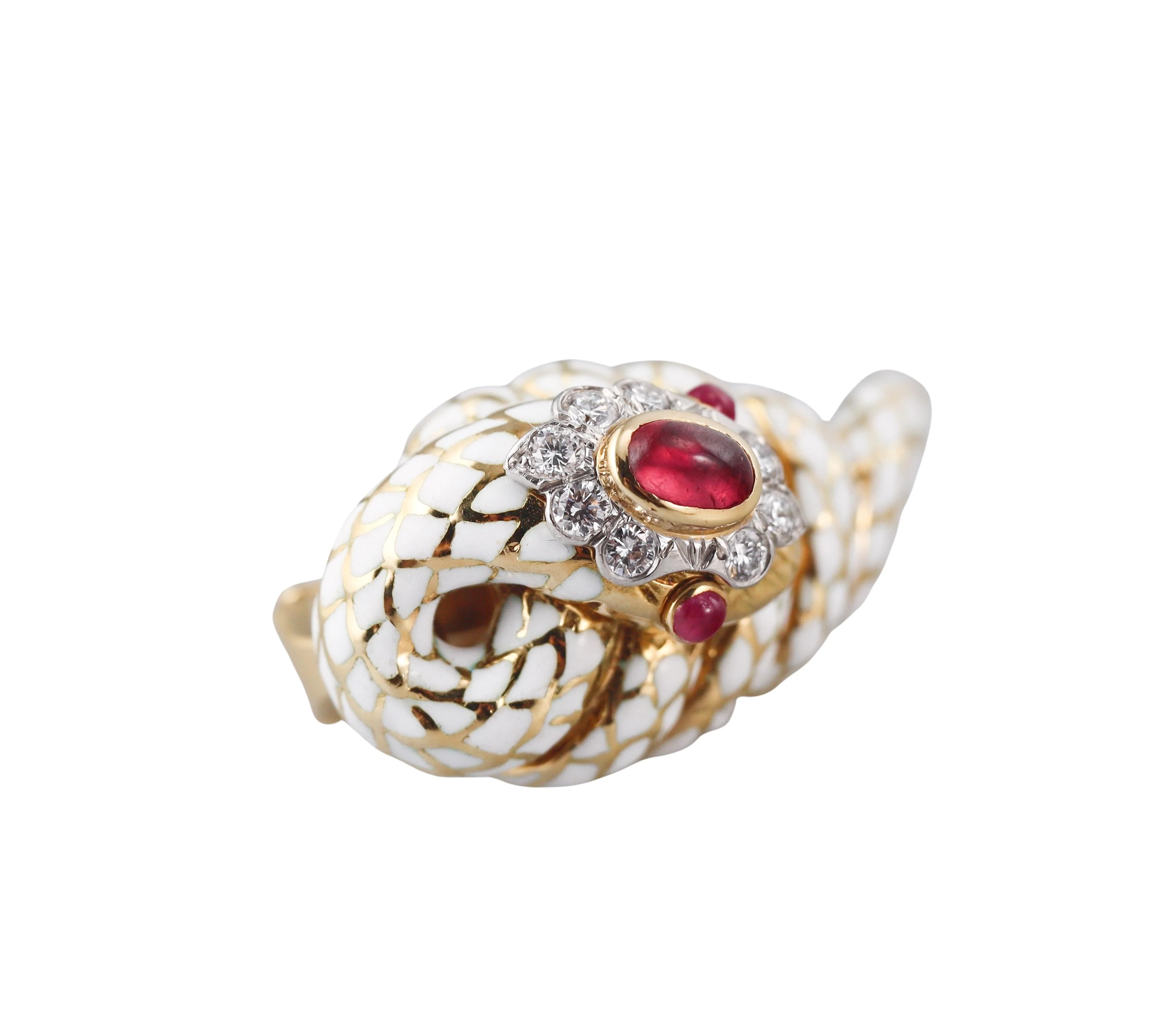 David Webb Coiled Snake Enamel Diamond Ruby Gold Platinum Earrings