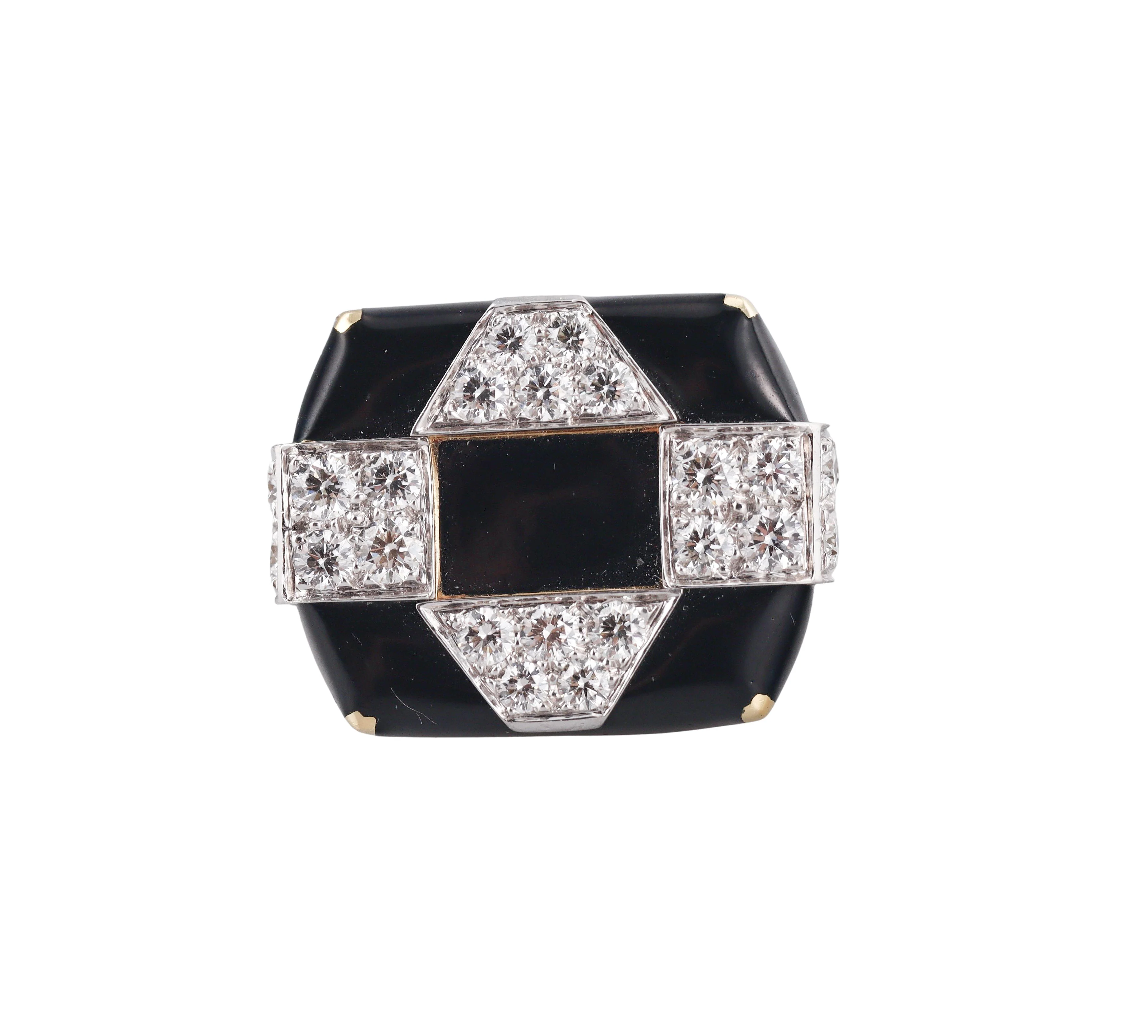 David Webb Checkerboard Diamond Enamel Gold Platinum Ring