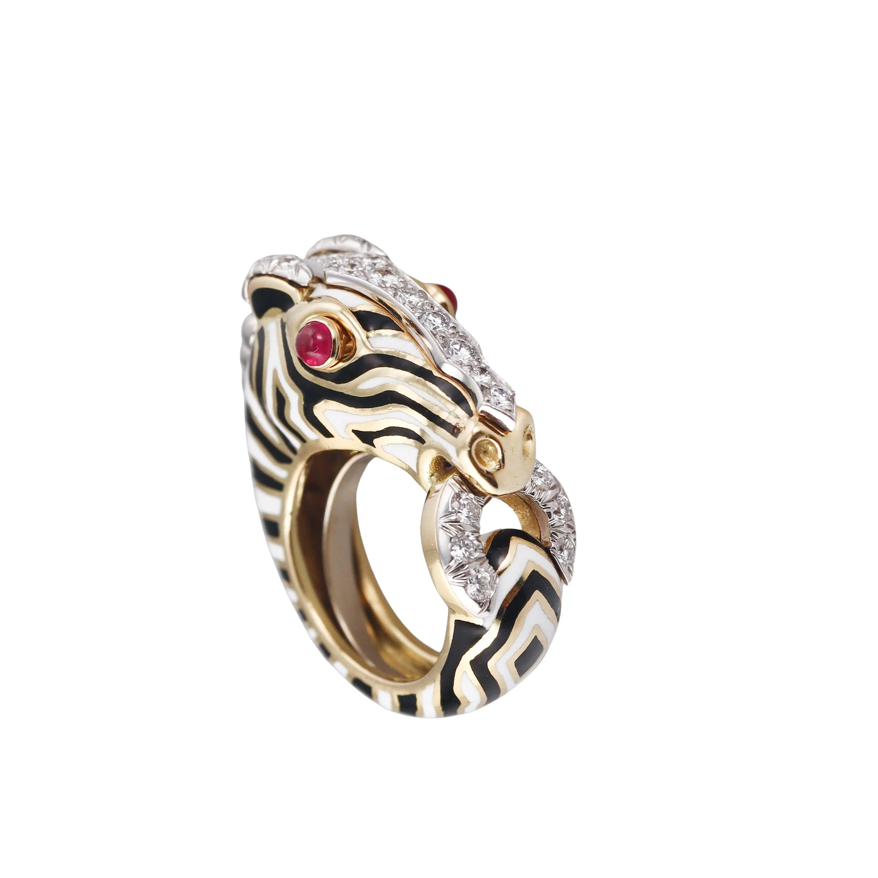 David Webb Zebra Diamond Ruby Enamel Gold Platinum Ring