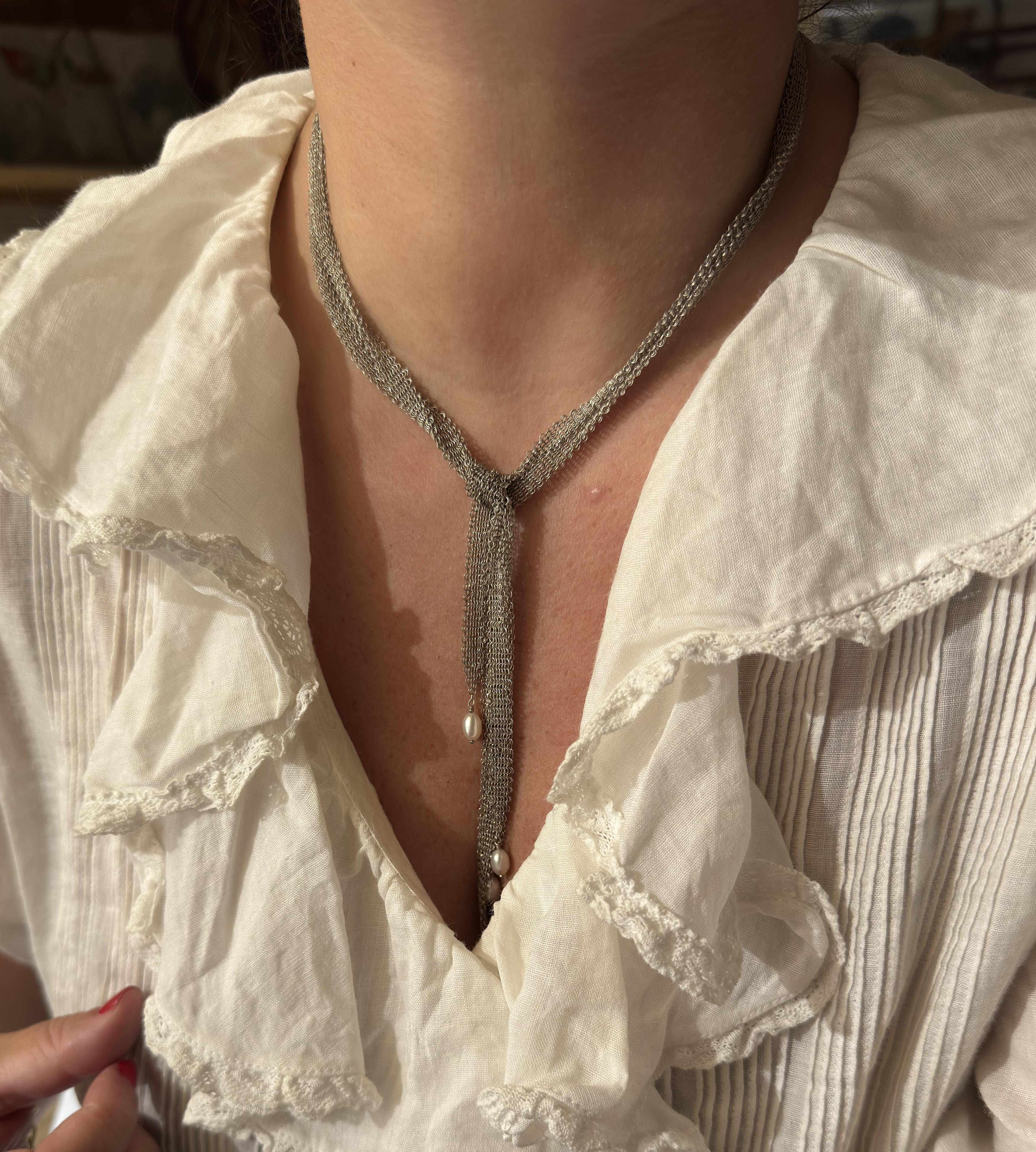 Tiffany Co Elsa Peretti Silver Pearl Mesh Necklace