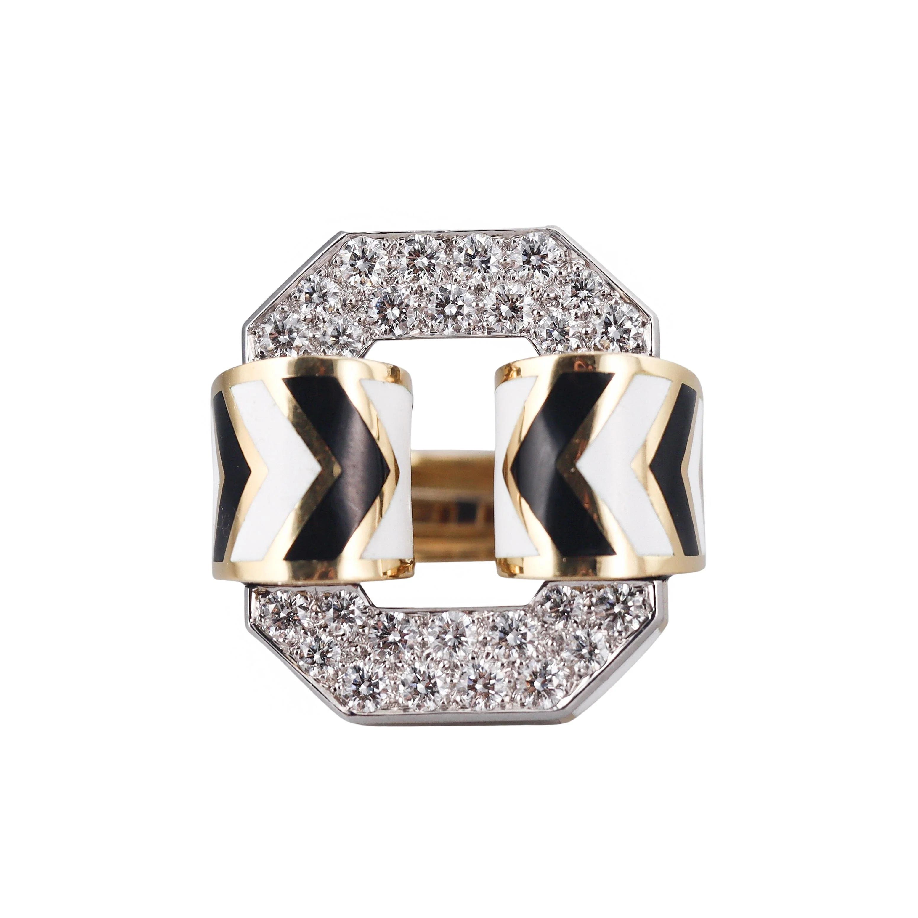 David Webb Chevron Large Diamond Enamel Gold Platinum Ring