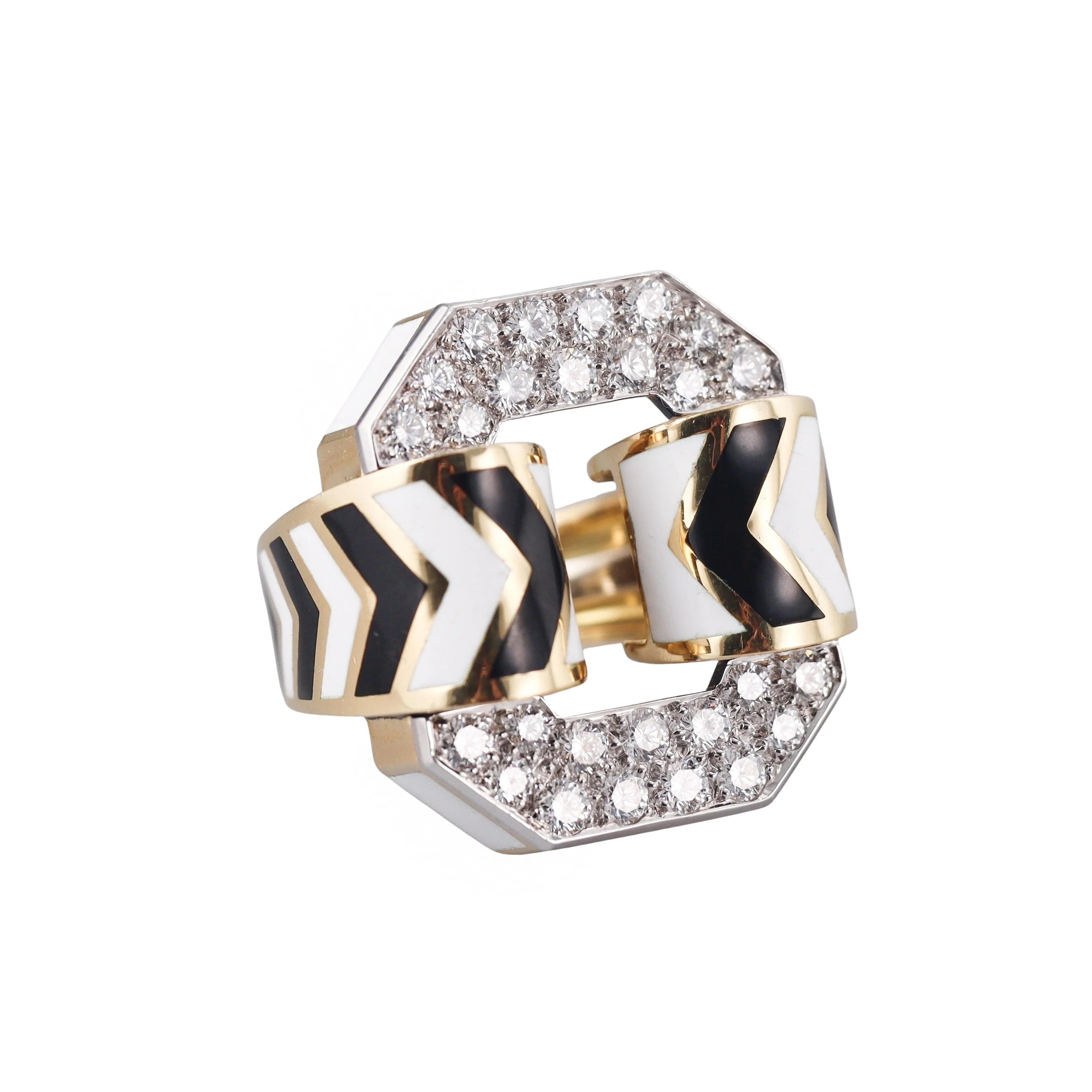 David Webb Chevron Large Diamond Enamel Gold Platinum Ring