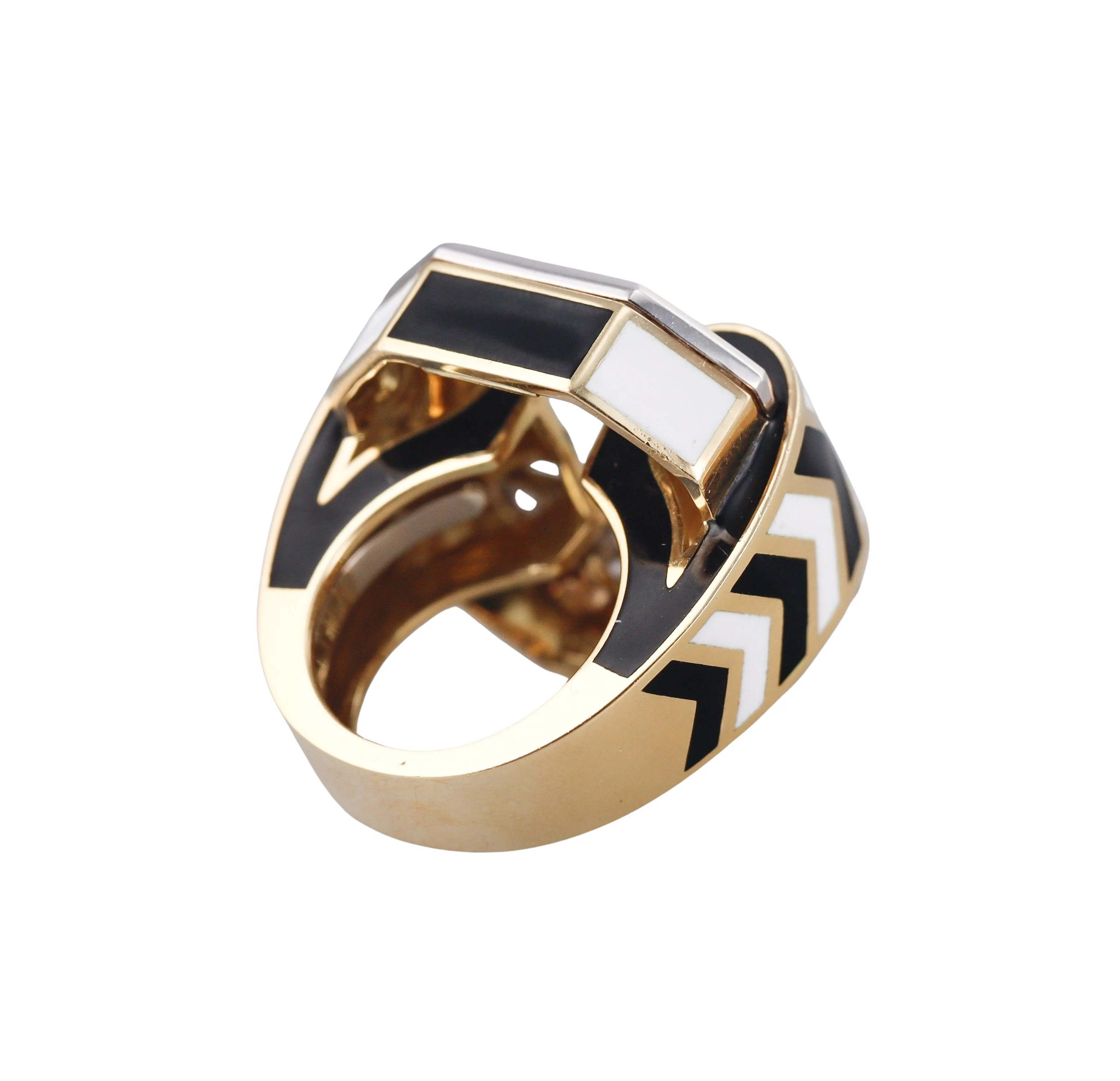 David Webb Chevron Large Diamond Enamel Gold Platinum Ring