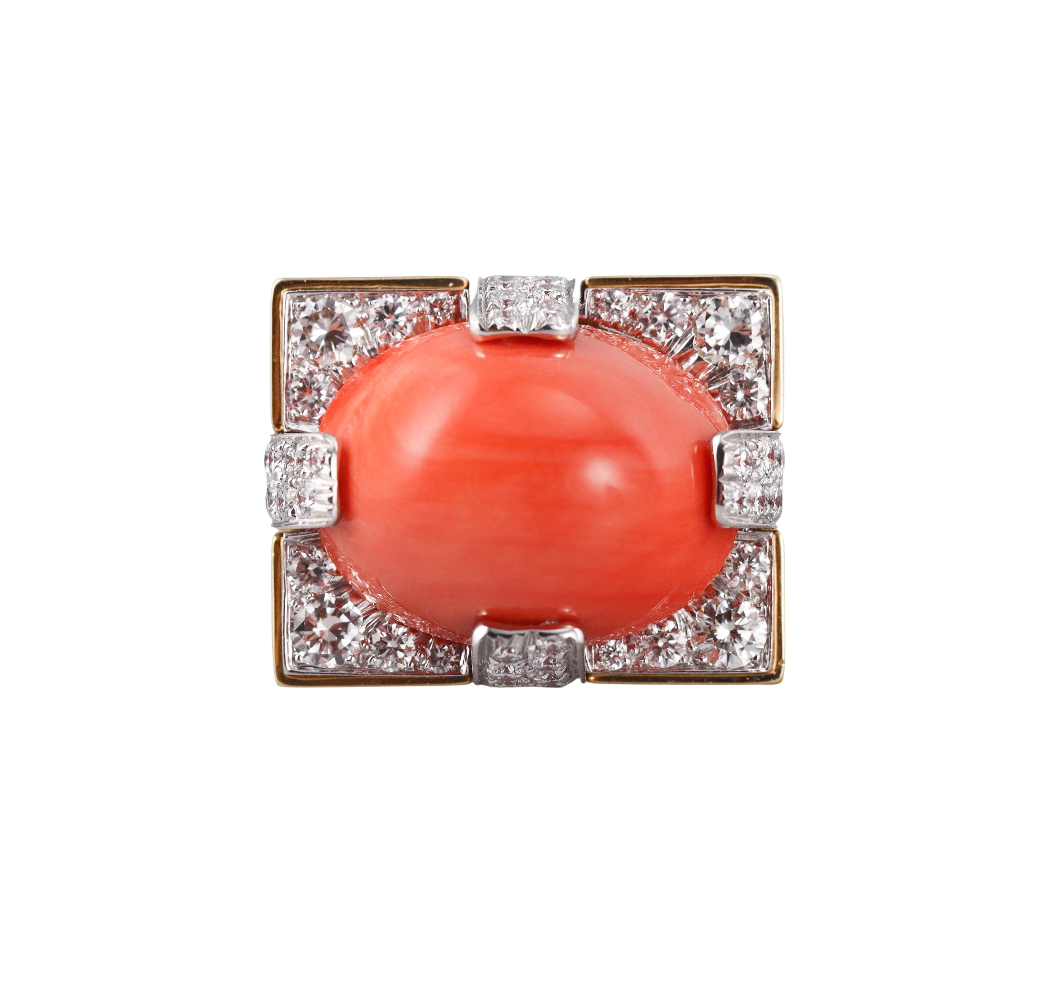 David Webb Grand Central Coral Diamond Enamel Gold Platinum Ring