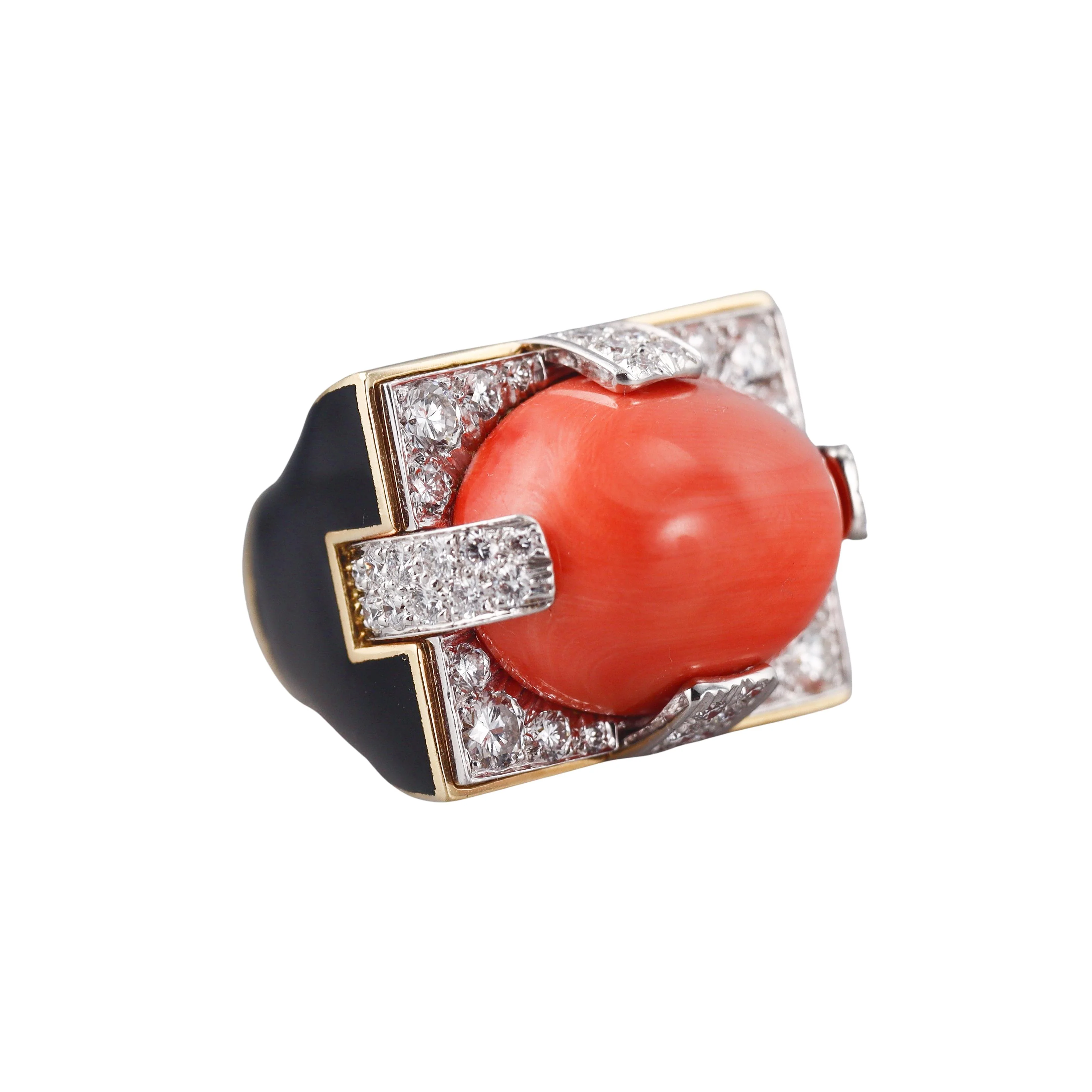 David Webb Grand Central Coral Diamond Enamel Gold Platinum Ring