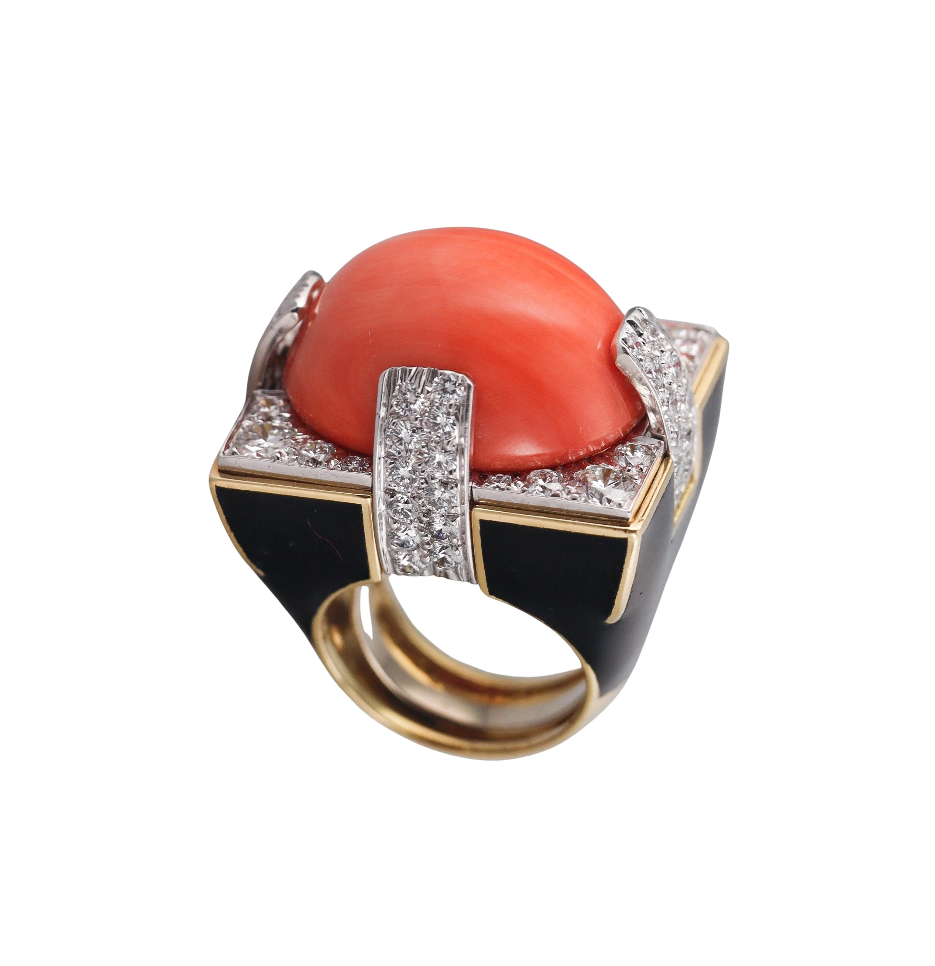 David Webb Grand Central Coral Diamond Enamel Gold Platinum Ring