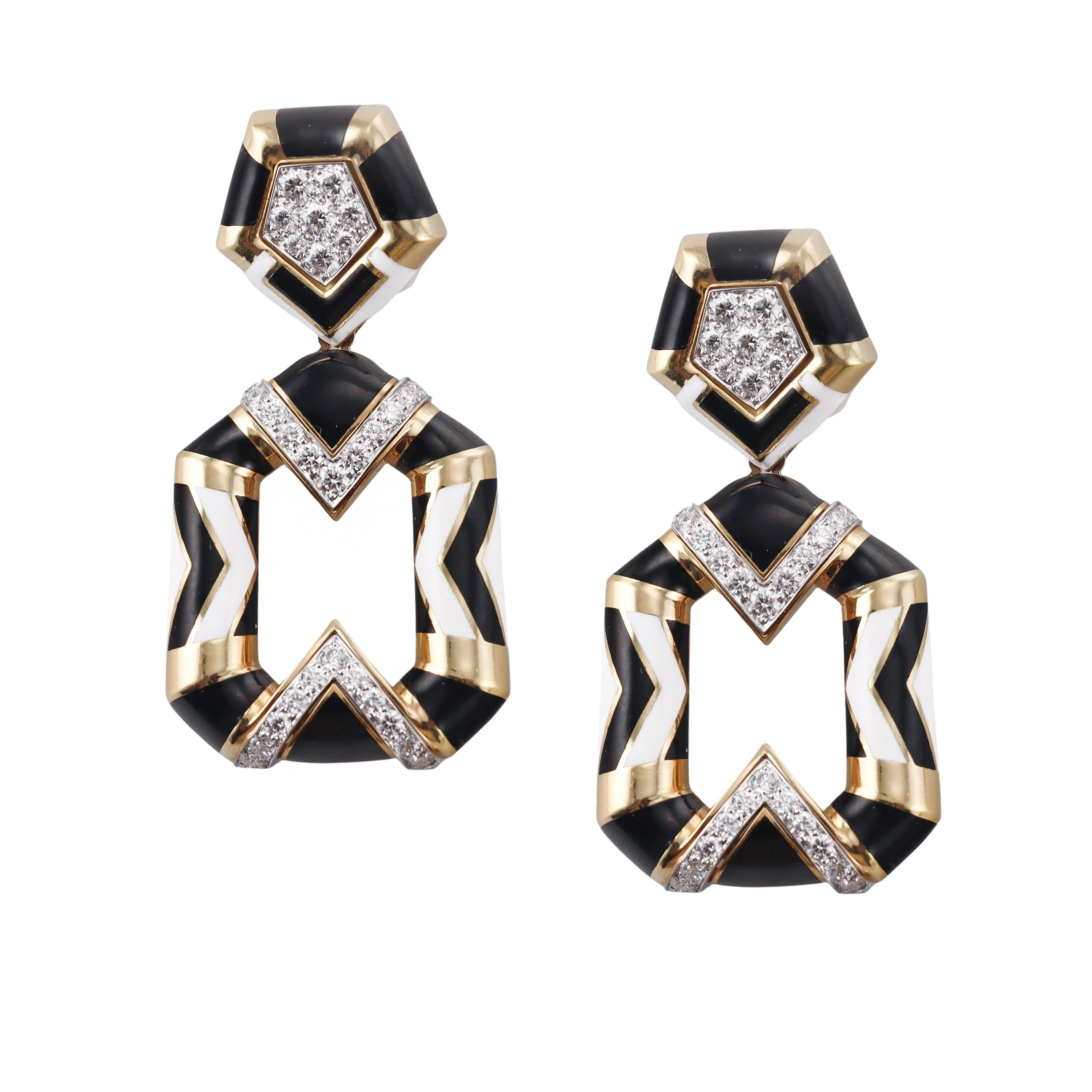 David Webb Chevron Pentagon Enamel Diamond Gold Platinum Earrings