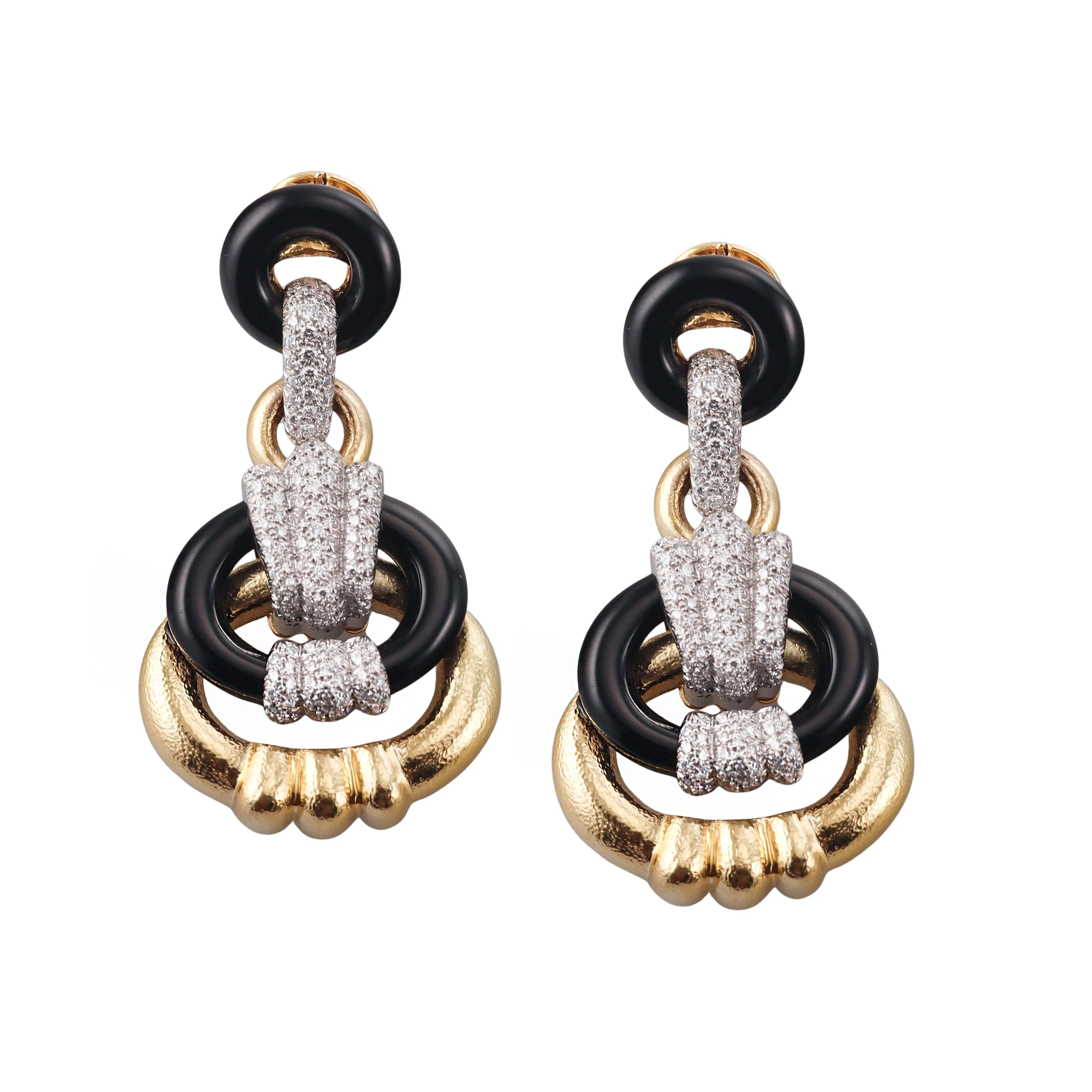 David Webb Creole Hoop Diamond Onyx Gold Platinum Earrings