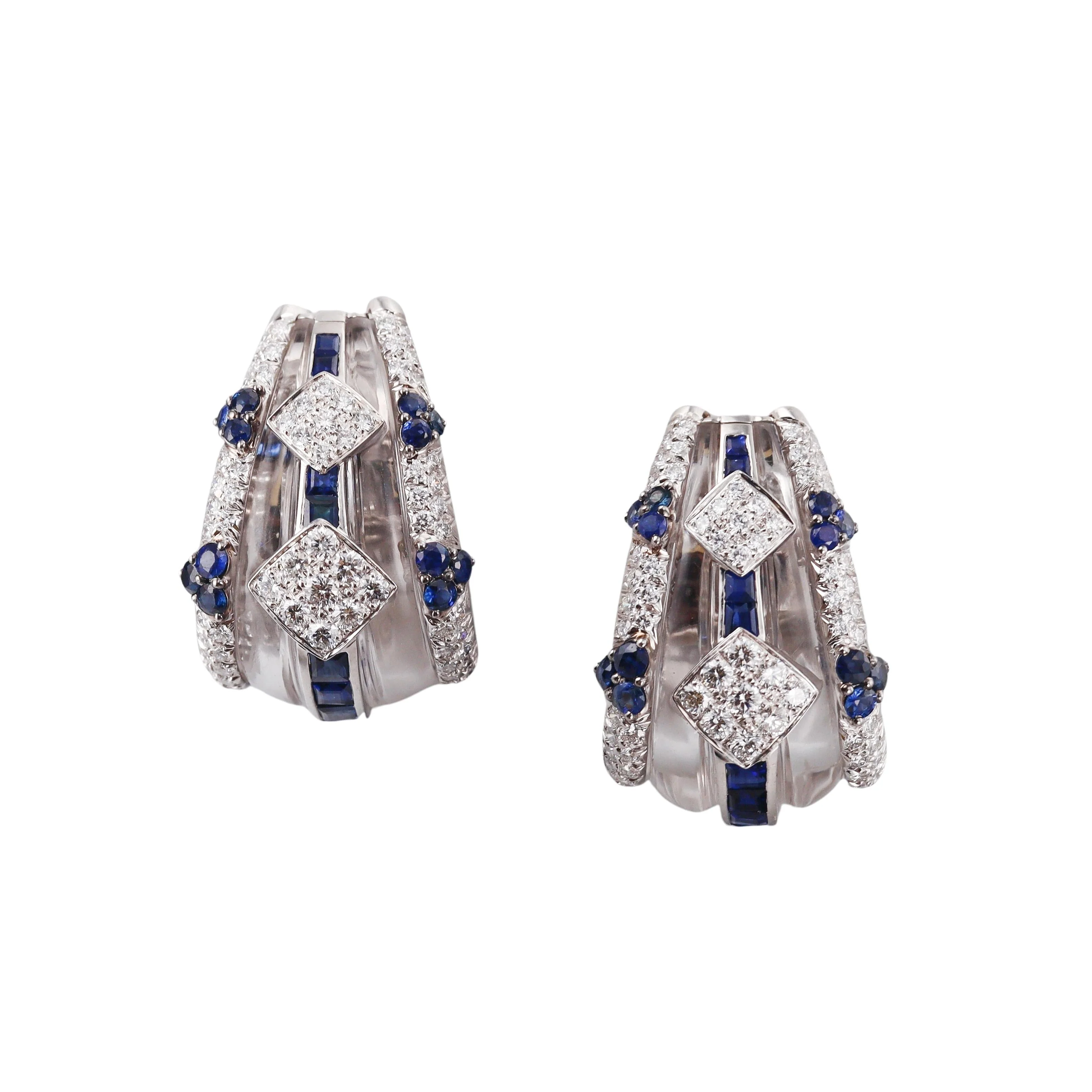 David Webb Crystal Diamond Sapphire Gold Platinum Half Hoop Earrings