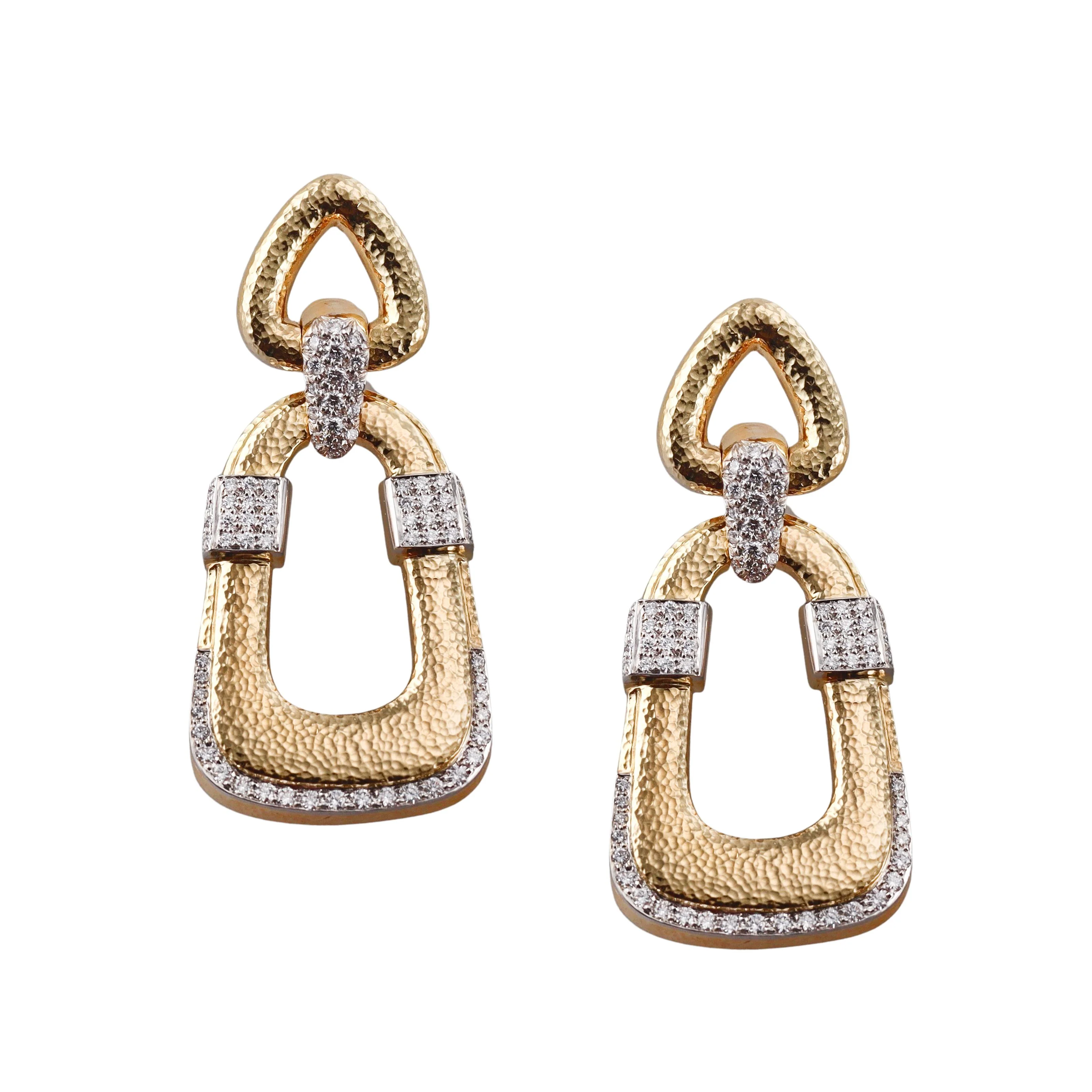 David Webb Plaza Diamond Gold Platinum Doorknocker Earrings