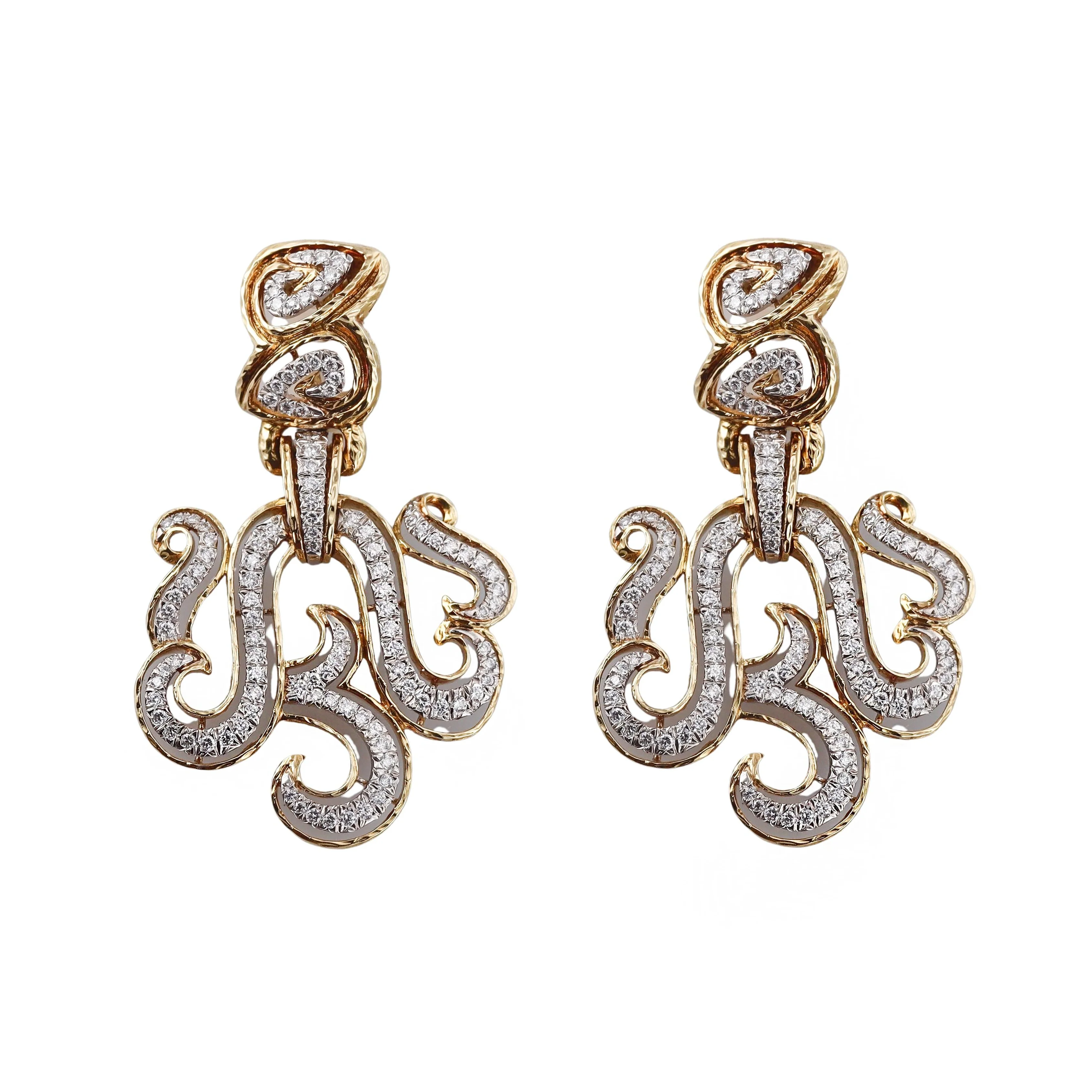 David Webb Ancient World Diamond Gold Platinum Scroll Earrings