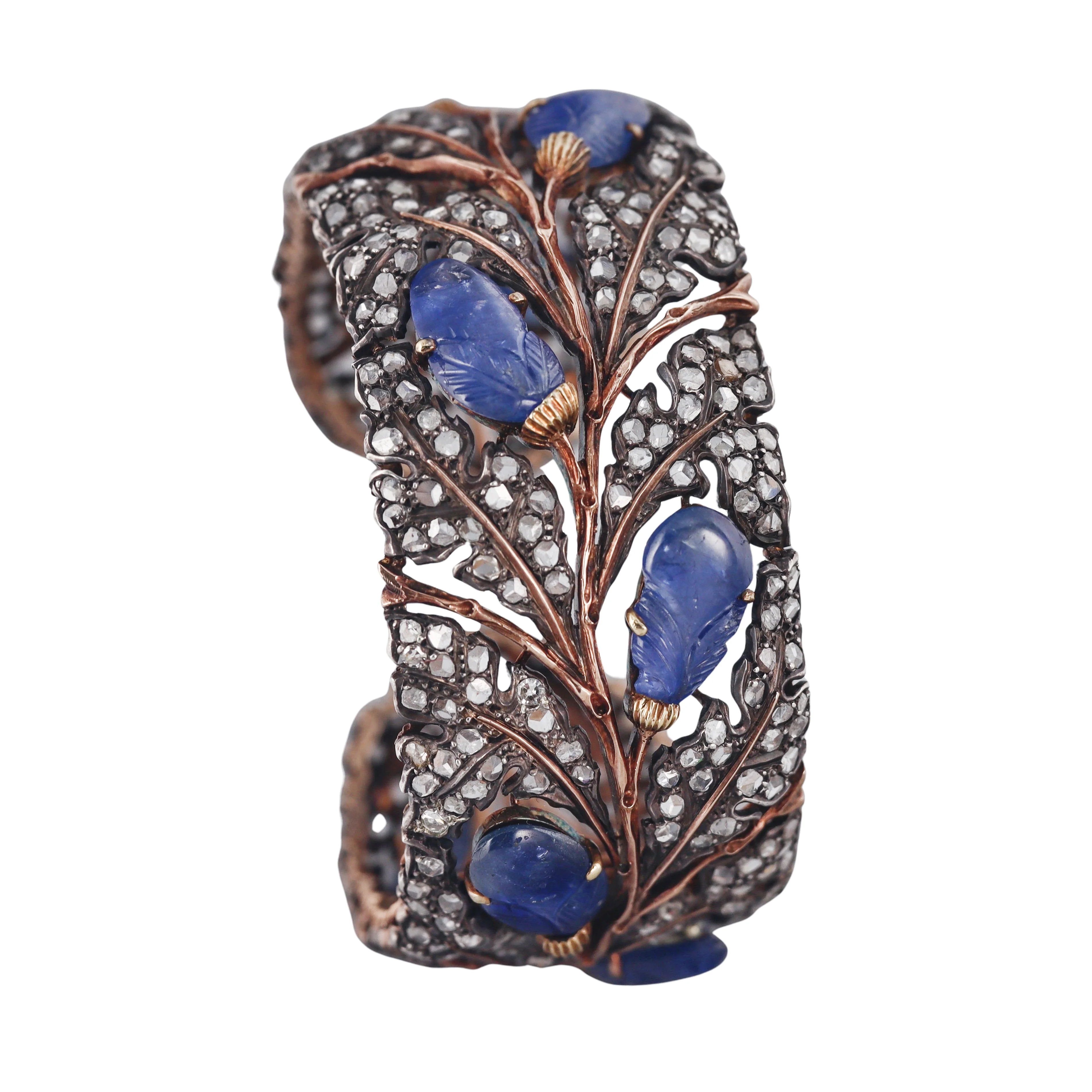 Vintage Buccellati Carved Sapphire Diamond Gold Silver Cuff Bracelet