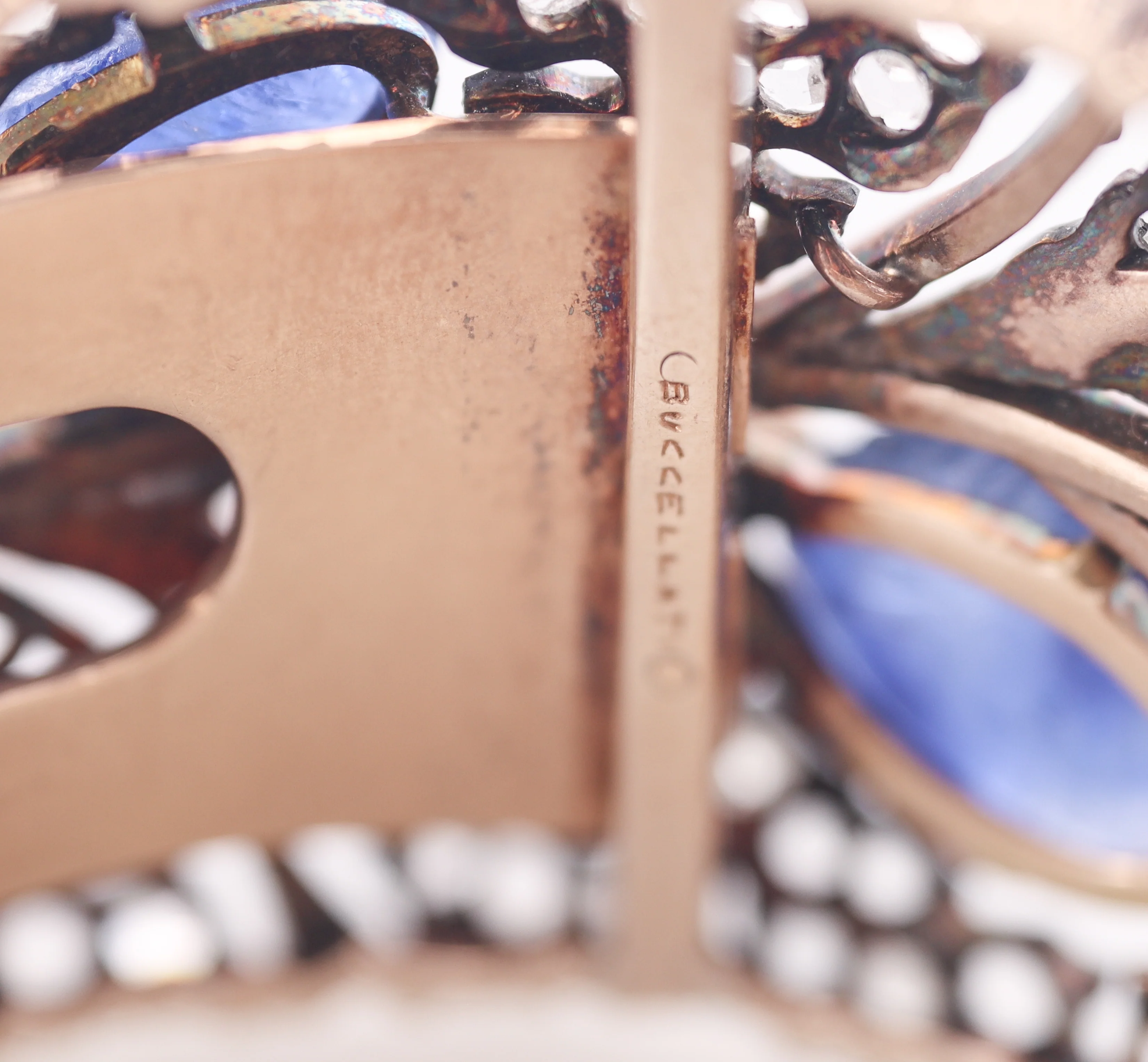 Vintage Buccellati Carved Sapphire Diamond Gold Silver Cuff Bracelet
