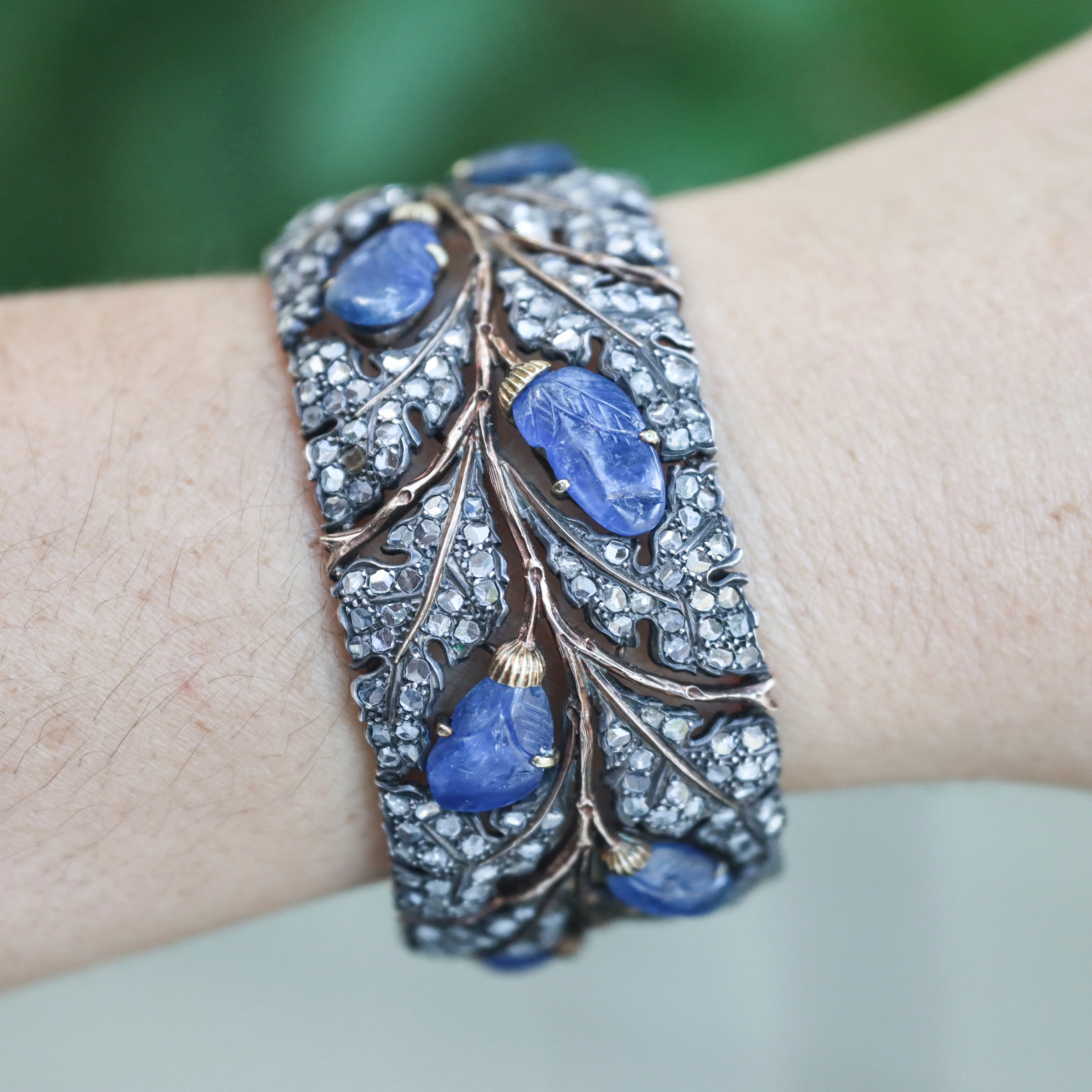 Vintage Buccellati Carved Sapphire Diamond Gold Silver Cuff Bracelet