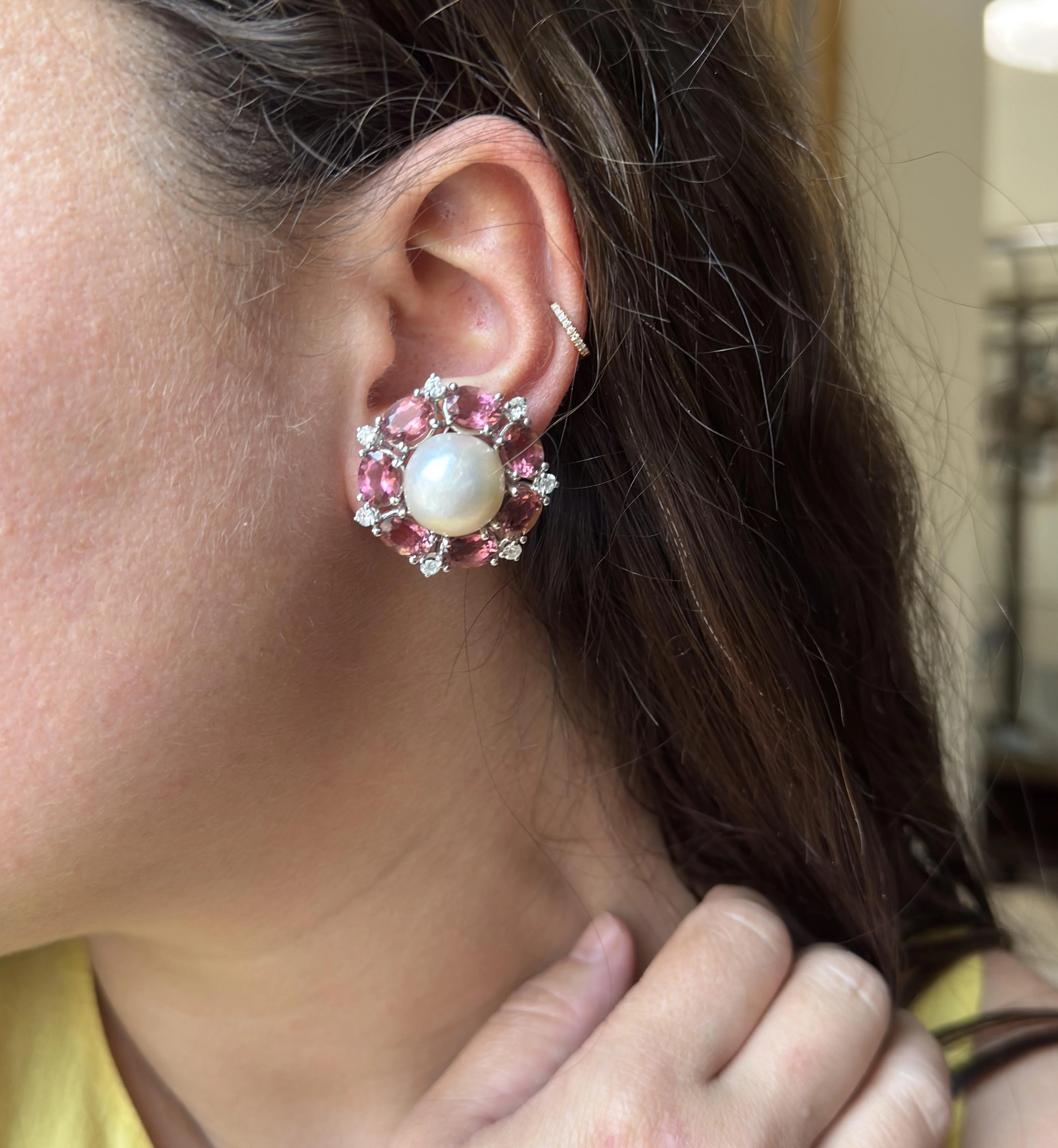 Seaman Schepps Pink Tourmaline Diamond Mabe Pearl Gold Earrings