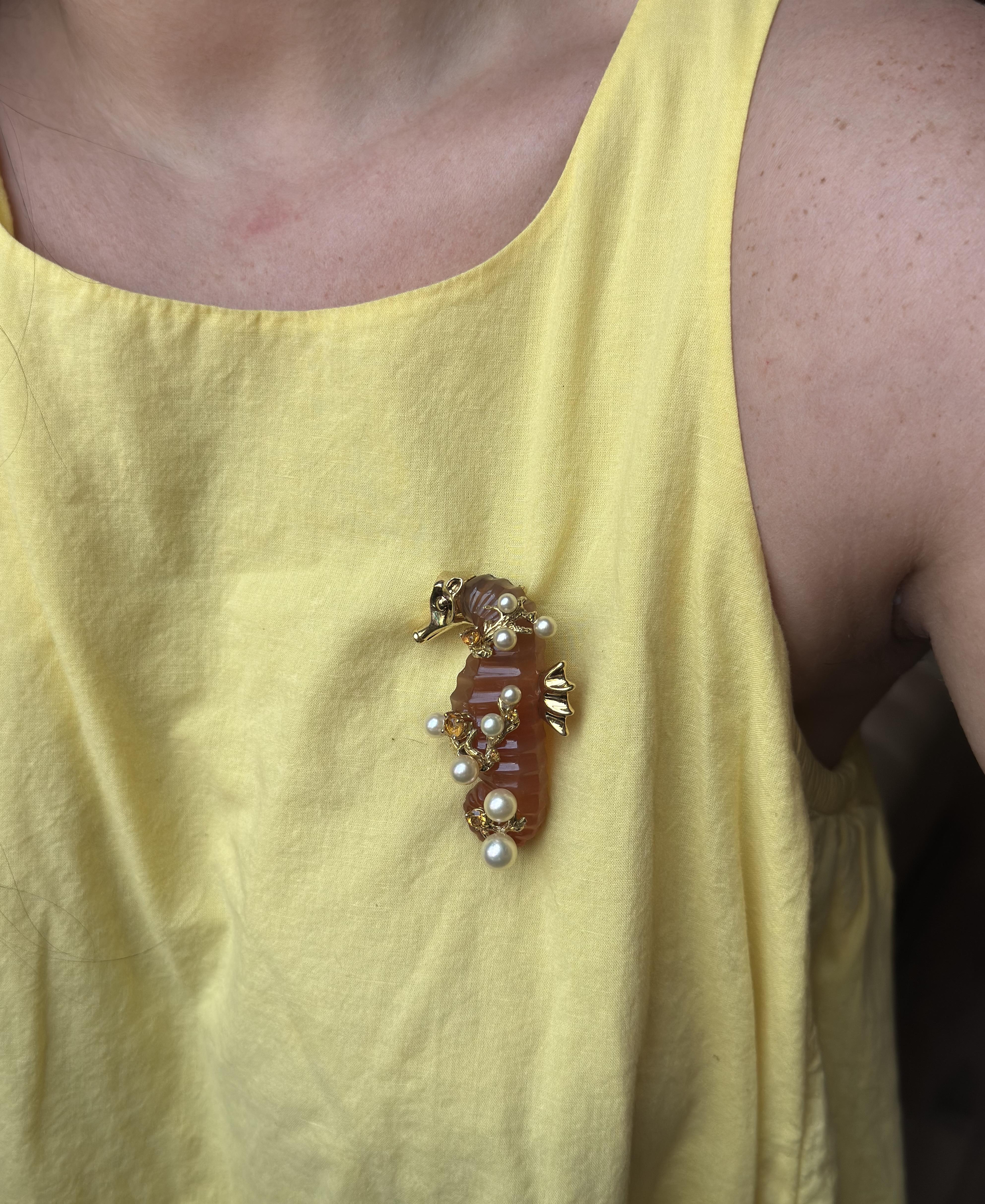 Seaman Schepps Agate Pearl Citrine Gold Seahorse Brooch Pin