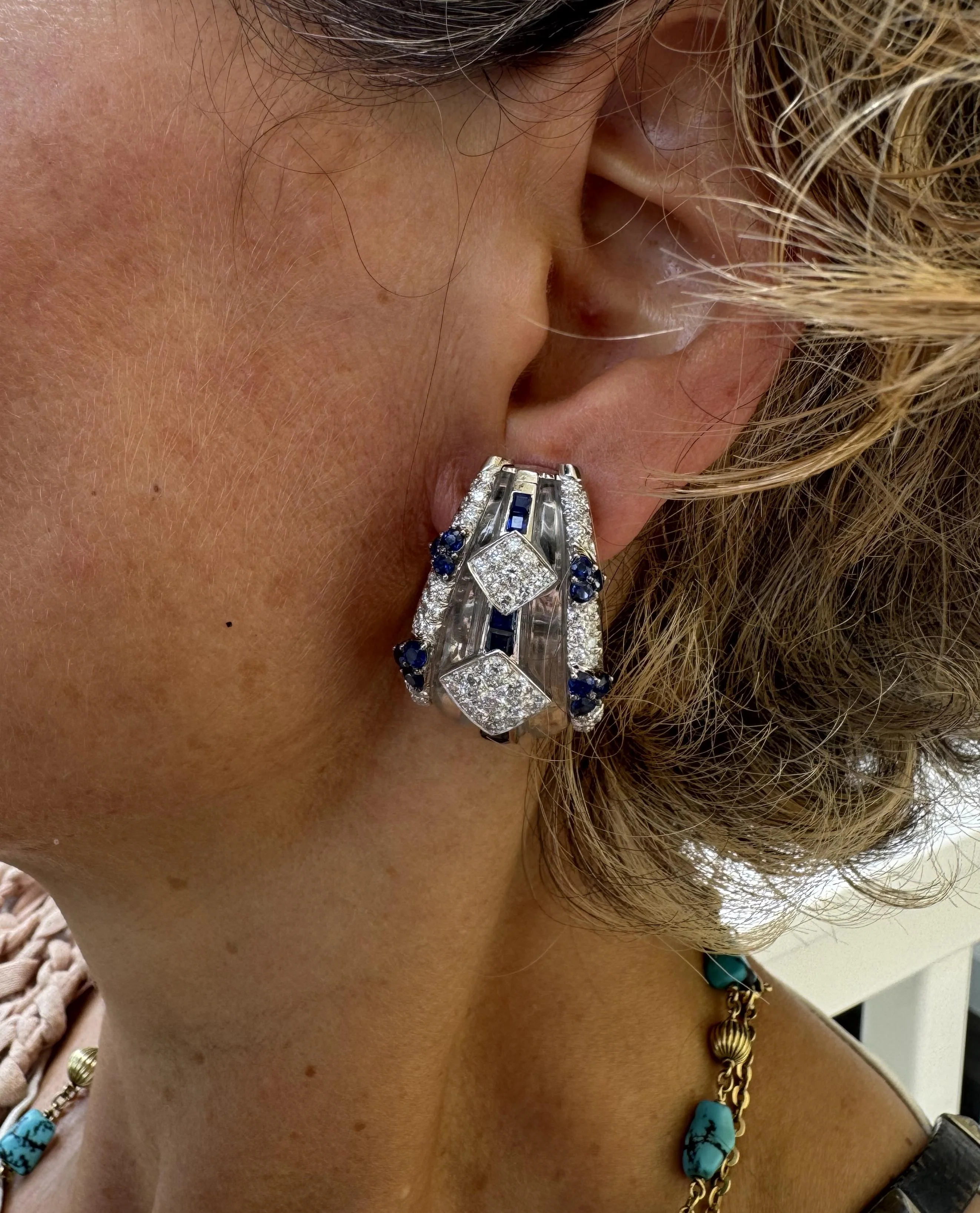 David Webb Crystal Diamond Sapphire Gold Platinum Half Hoop Earrings