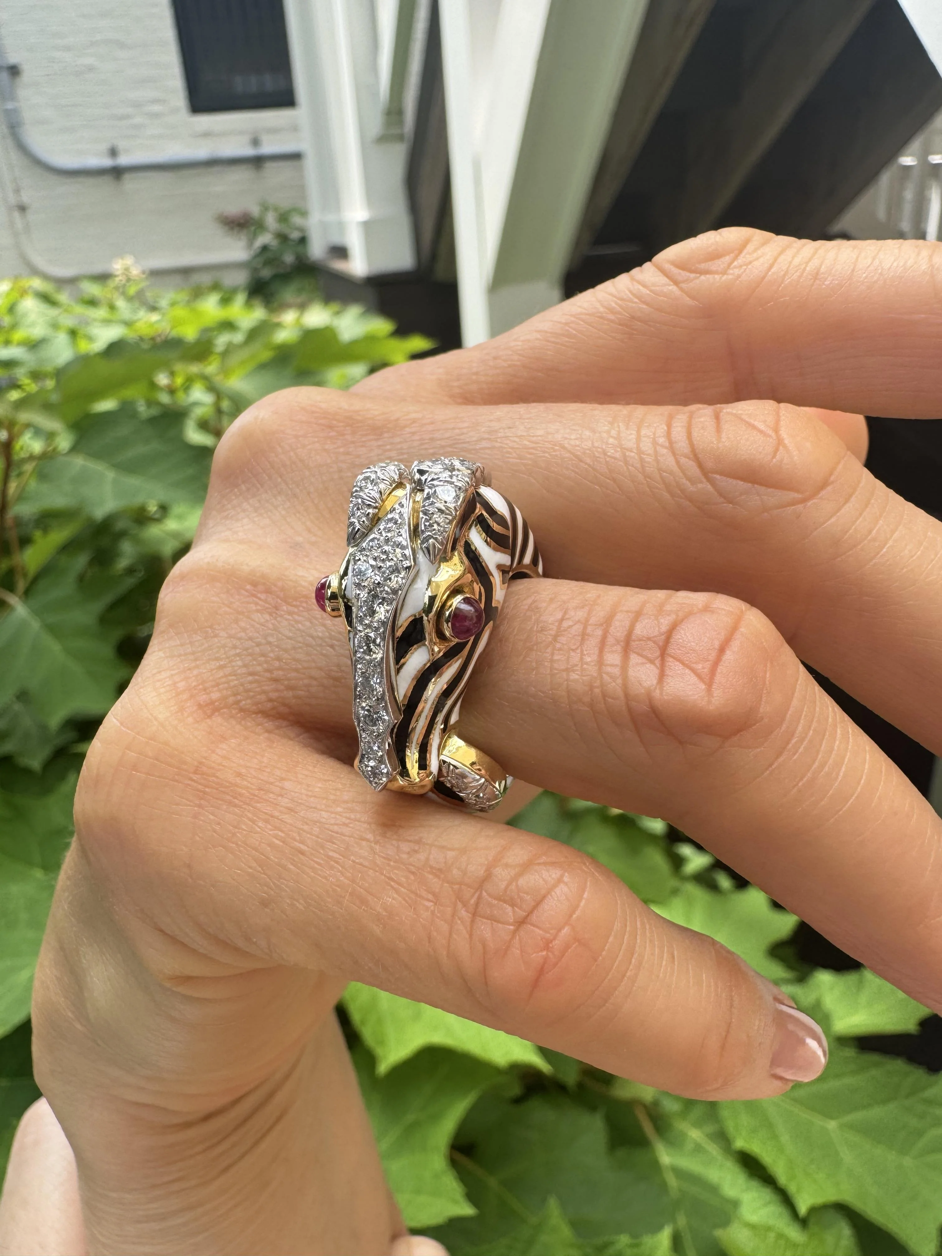 David Webb Zebra Diamond Ruby Enamel Gold Platinum Ring