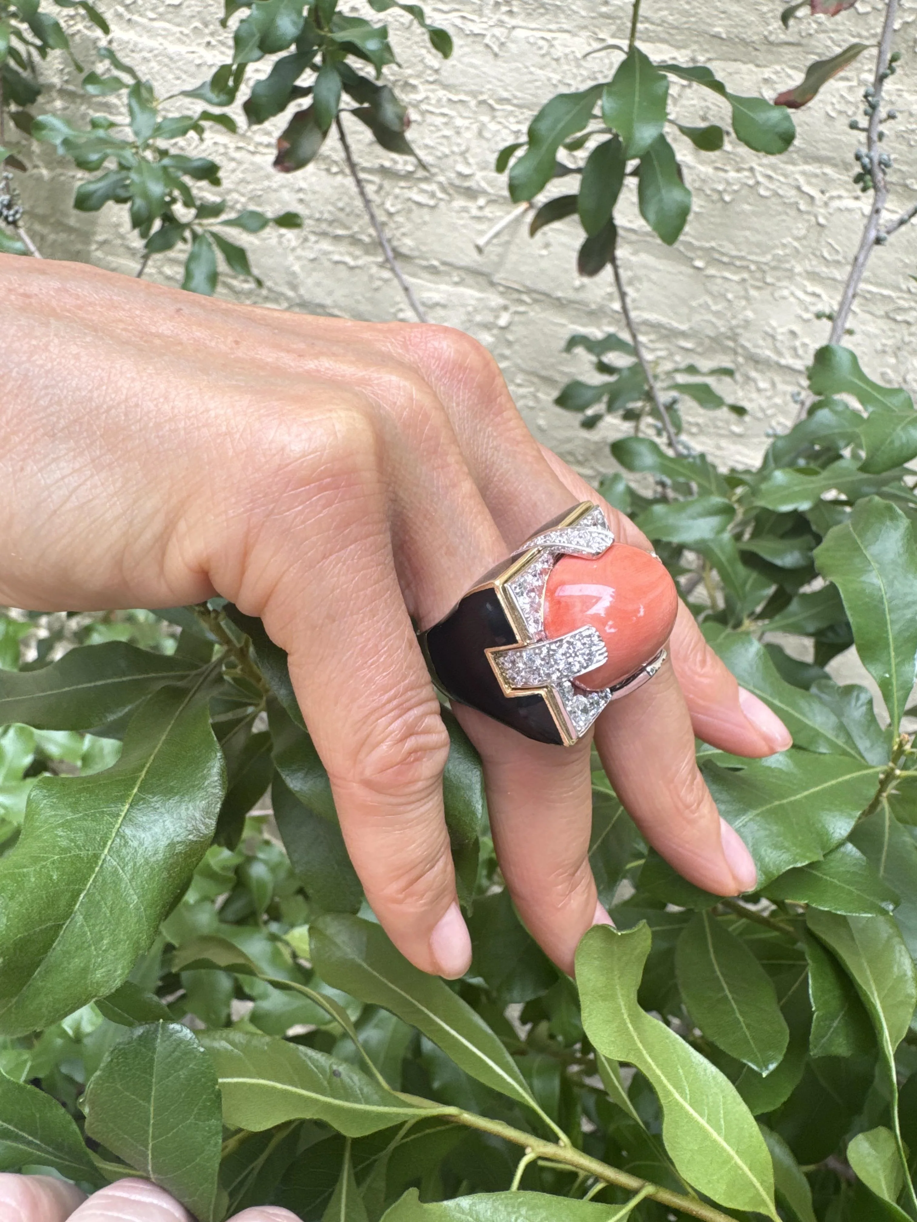 David Webb Grand Central Coral Diamond Enamel Gold Platinum Ring