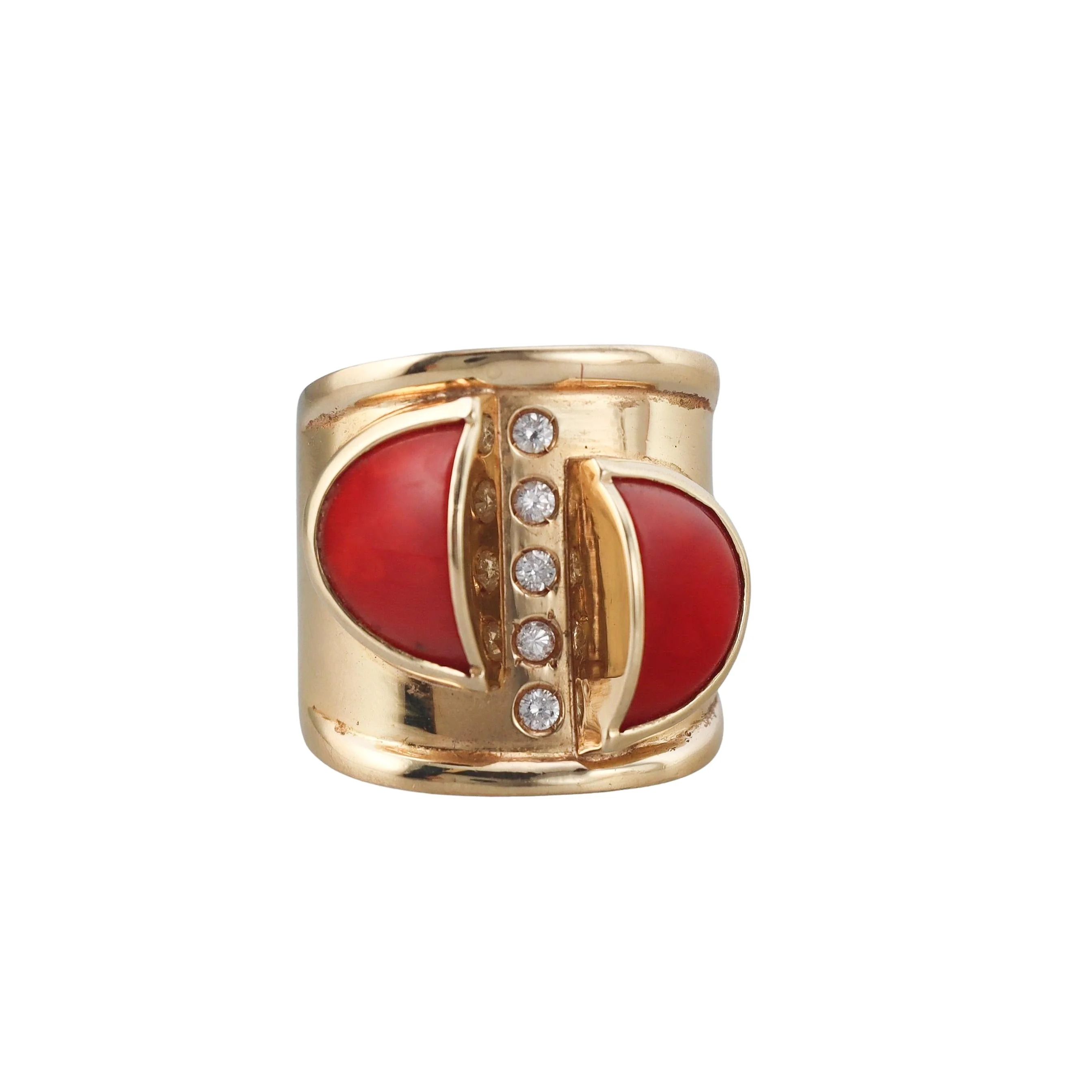 1970s Coral Diamond Gold Wide Band Ring