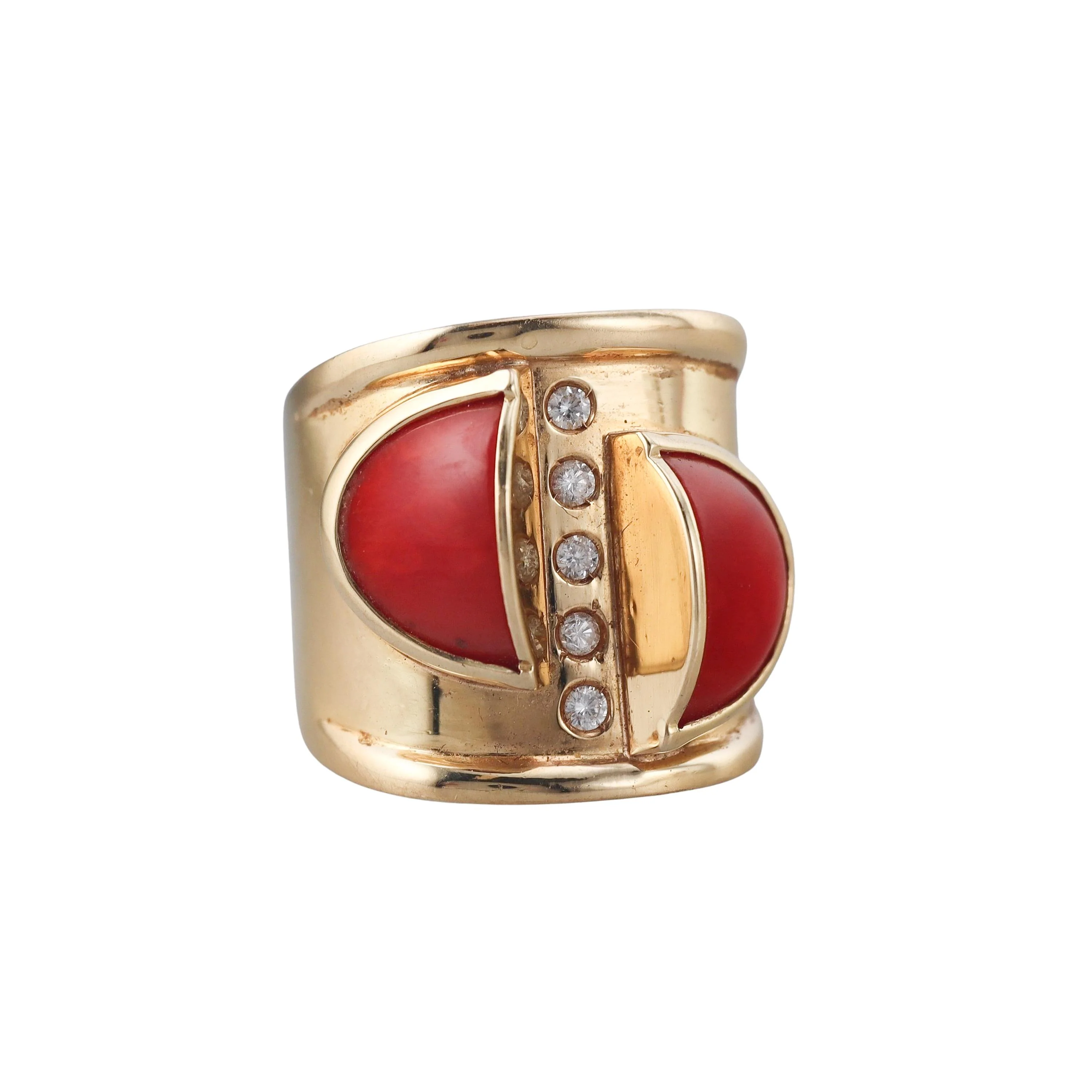 1970s Coral Diamond Gold Wide Band Ring