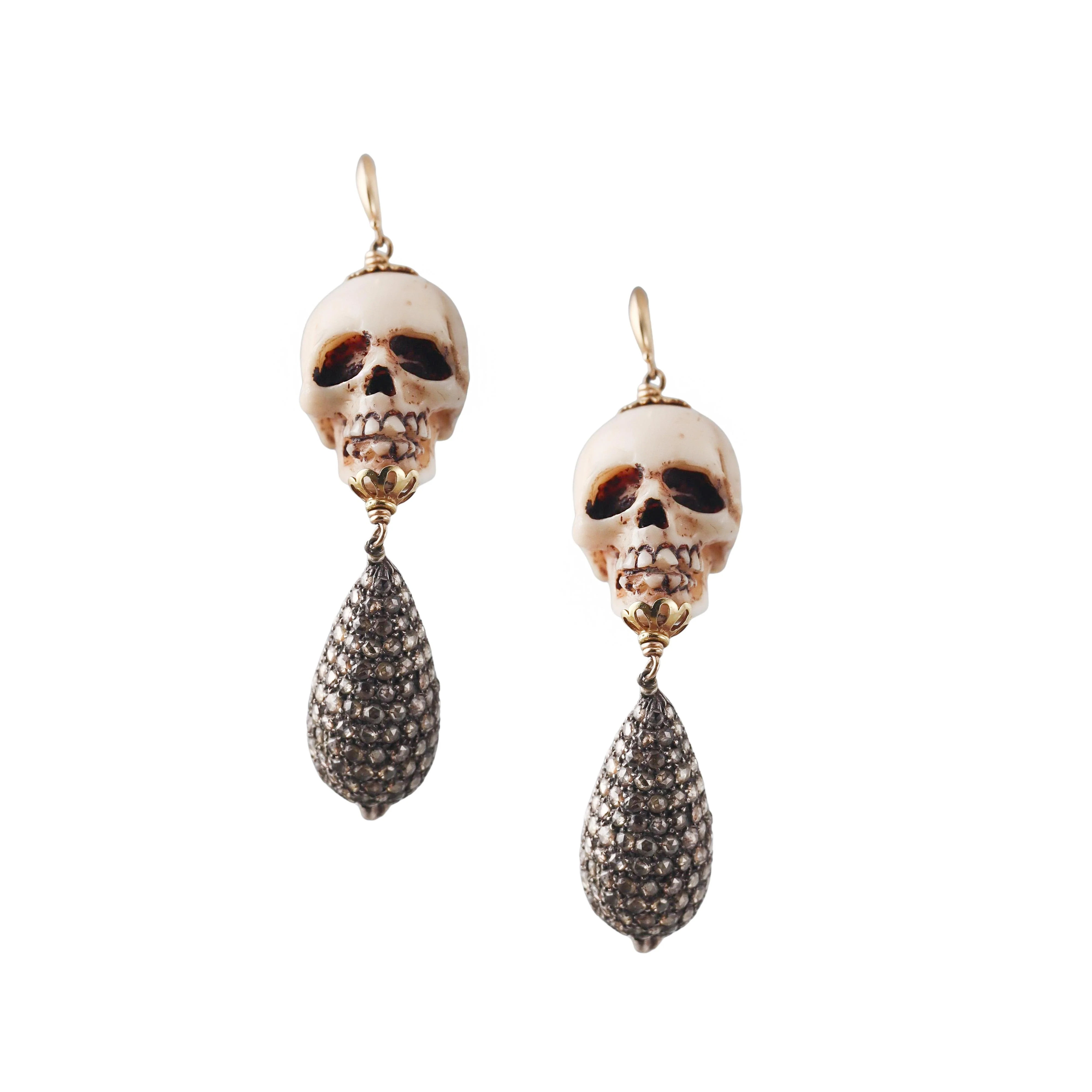 Diamond Gold Silver Skull Drop Earrings
