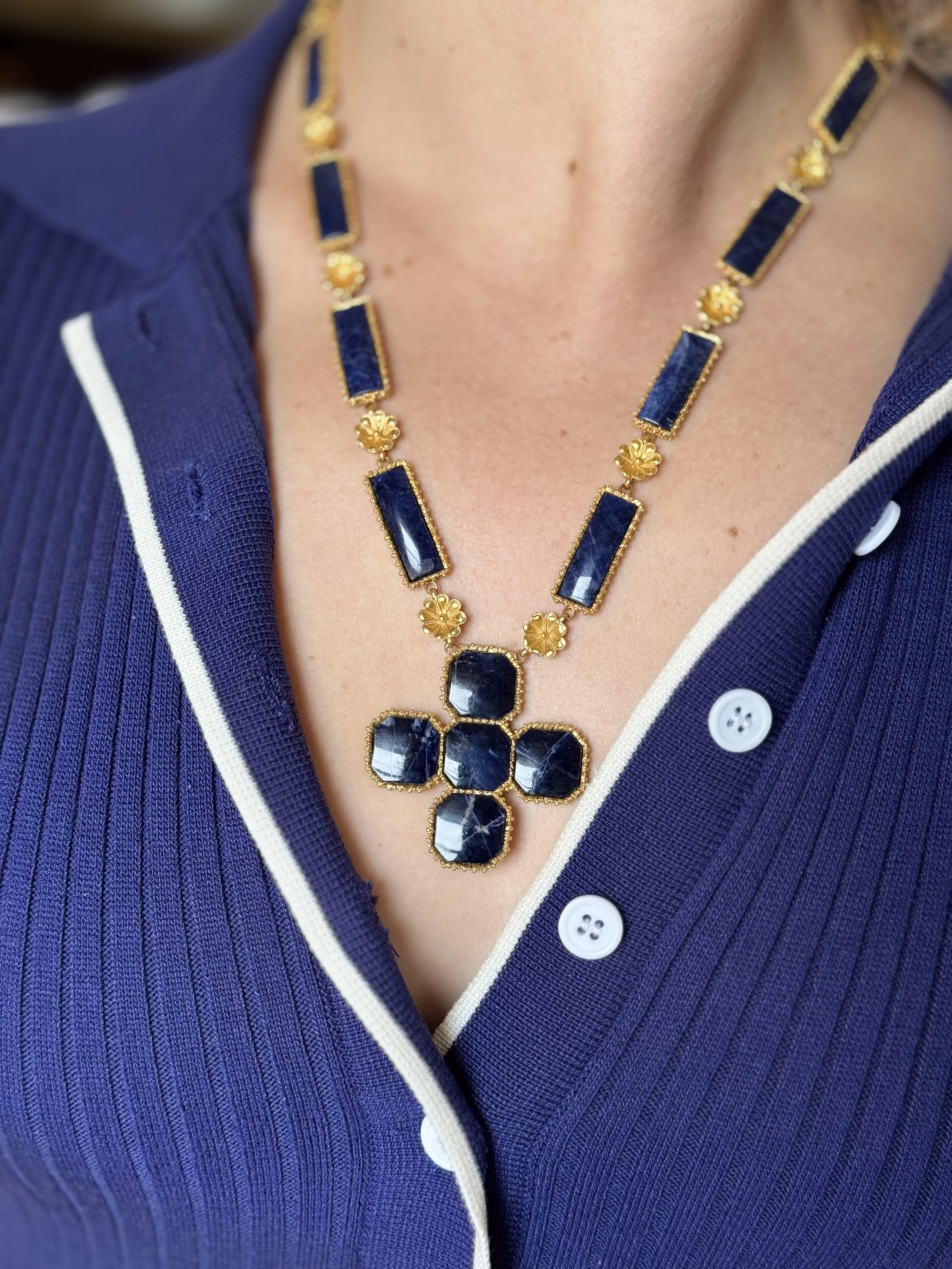 Lalaounis Greece Sodalite Gold Pendant Necklace