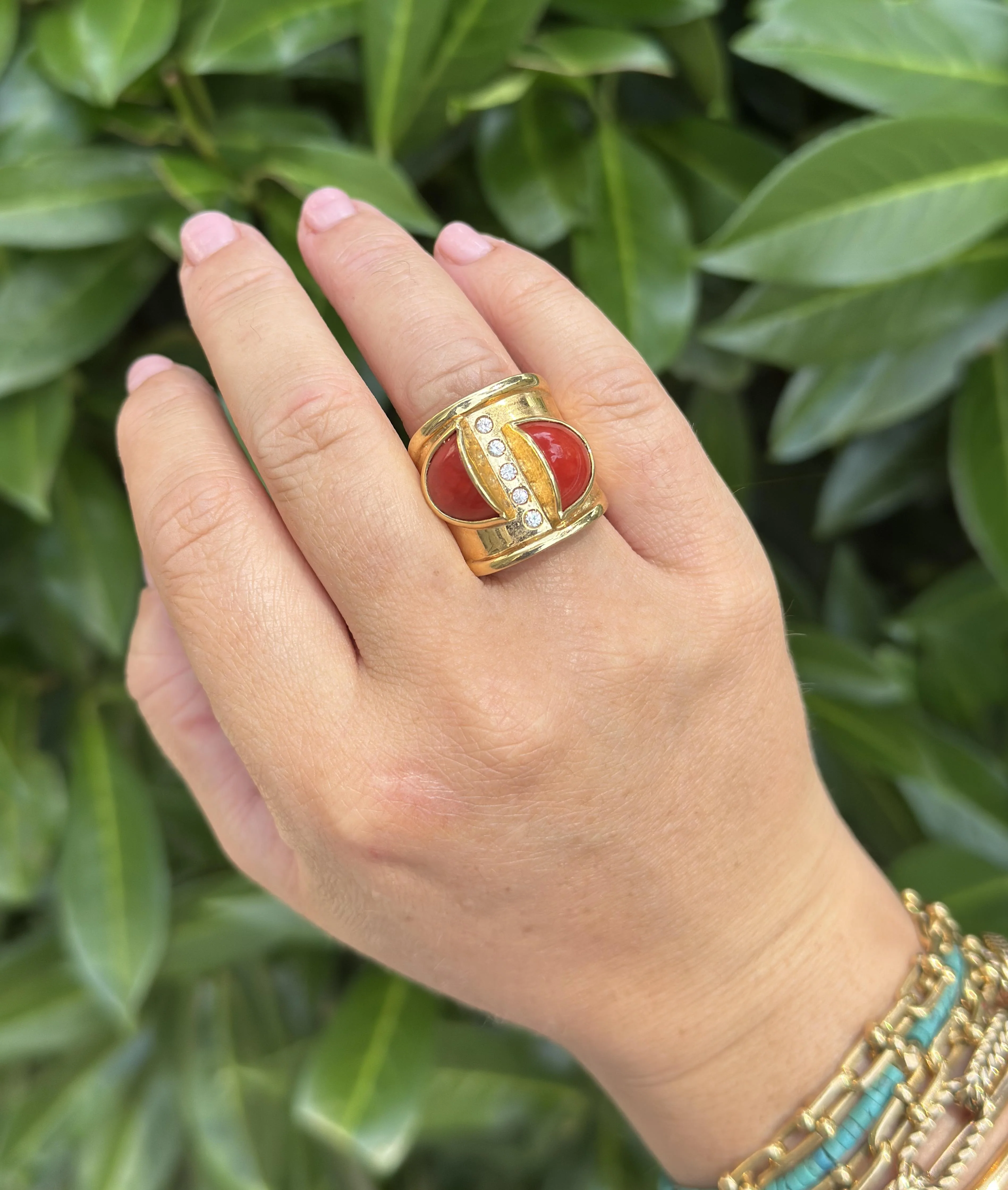 1970s Coral Diamond Gold Wide Band Ring