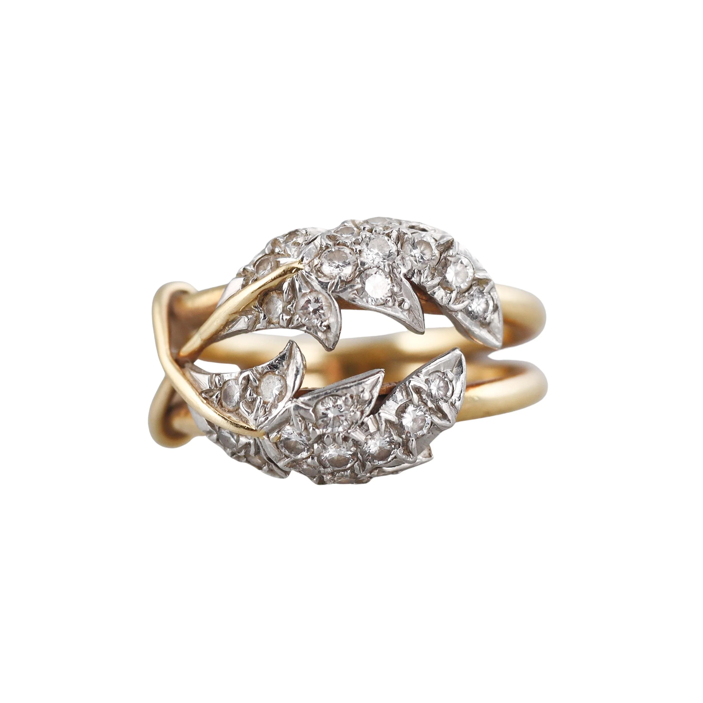 Tiffany Co Schlumberger Two Leaves Diamond Gold Platinum Ring