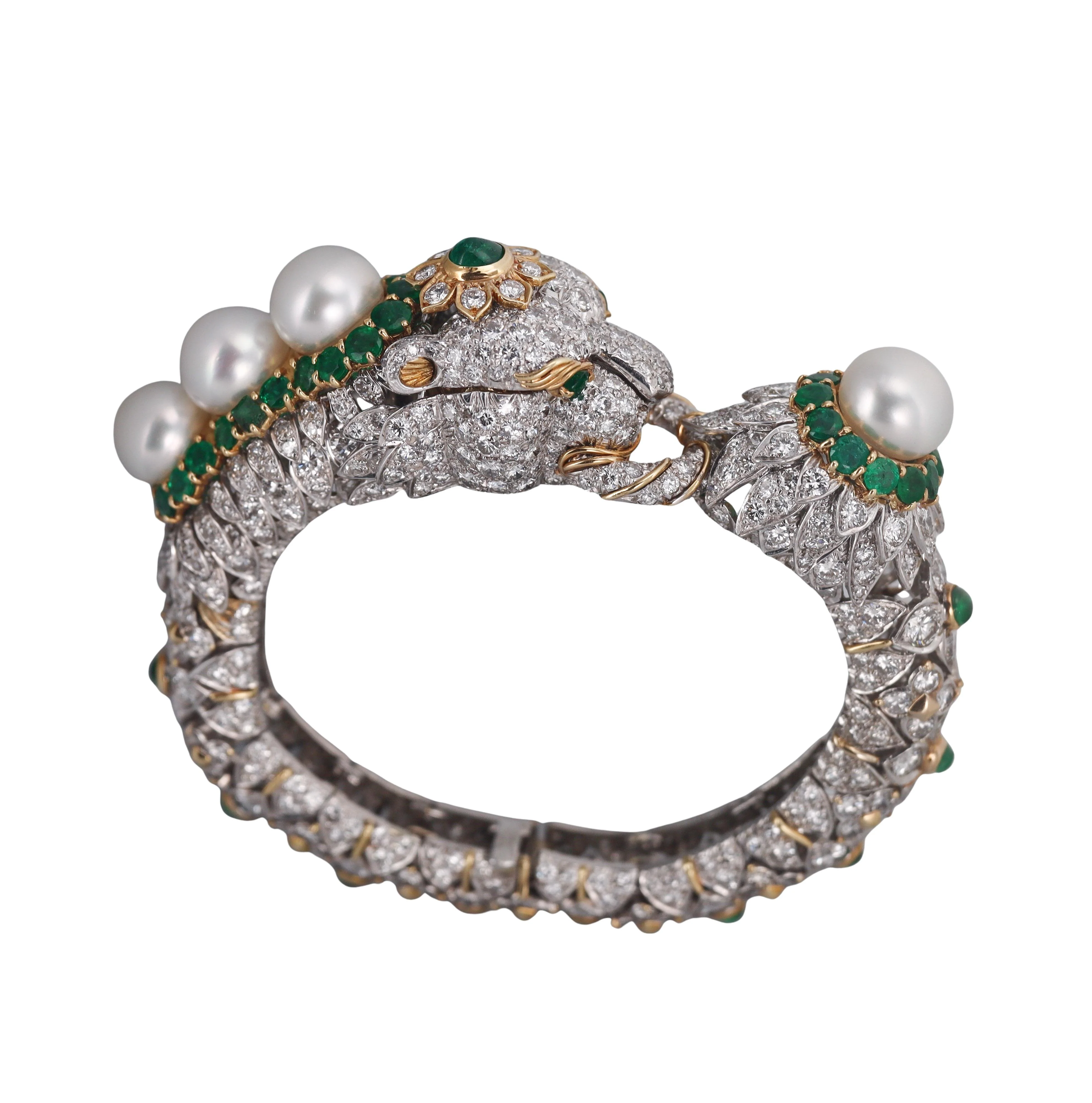 David Webb 27 Carat Diamond Emerald Pearl Gold Platinum Panther Bracelet Watch