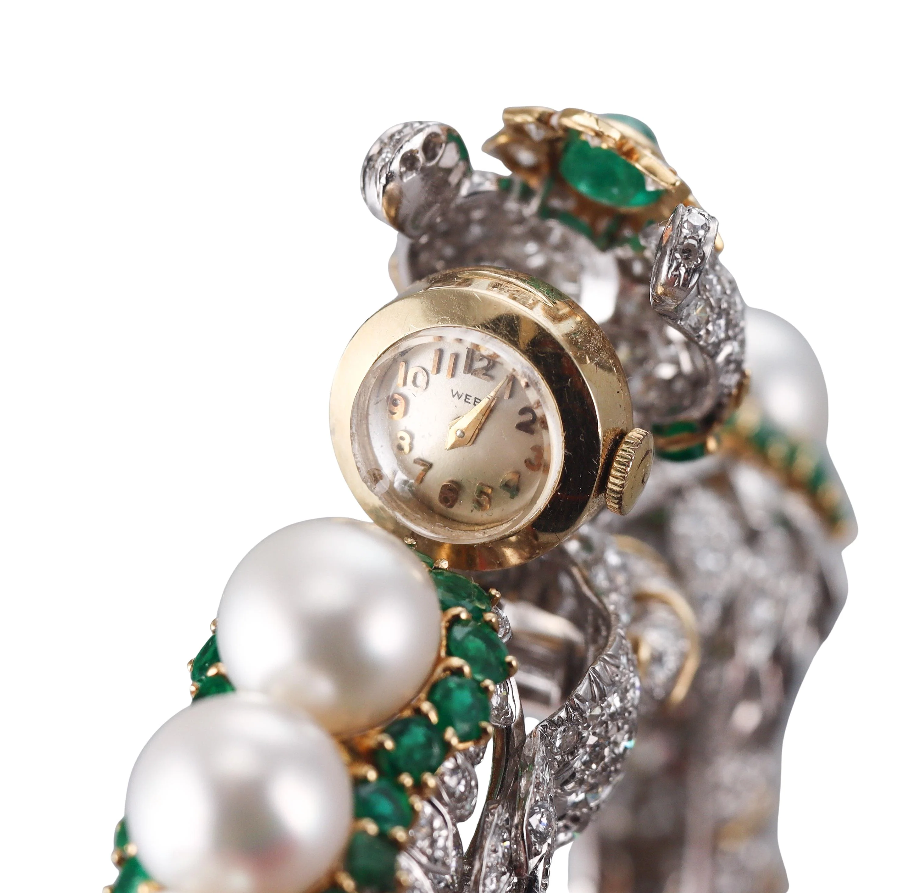 David Webb 27 Carat Diamond Emerald Pearl Gold Platinum Panther Bracelet Watch